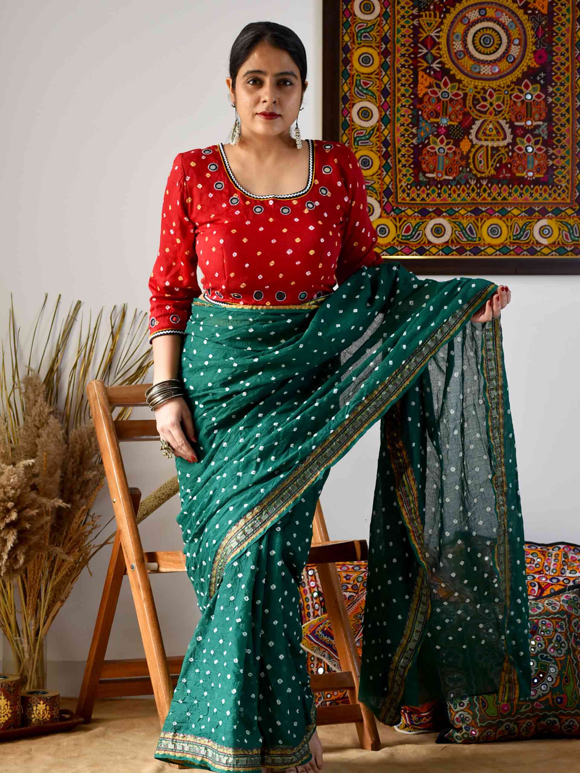 Red - Bandhani Kutch mirror work blouse