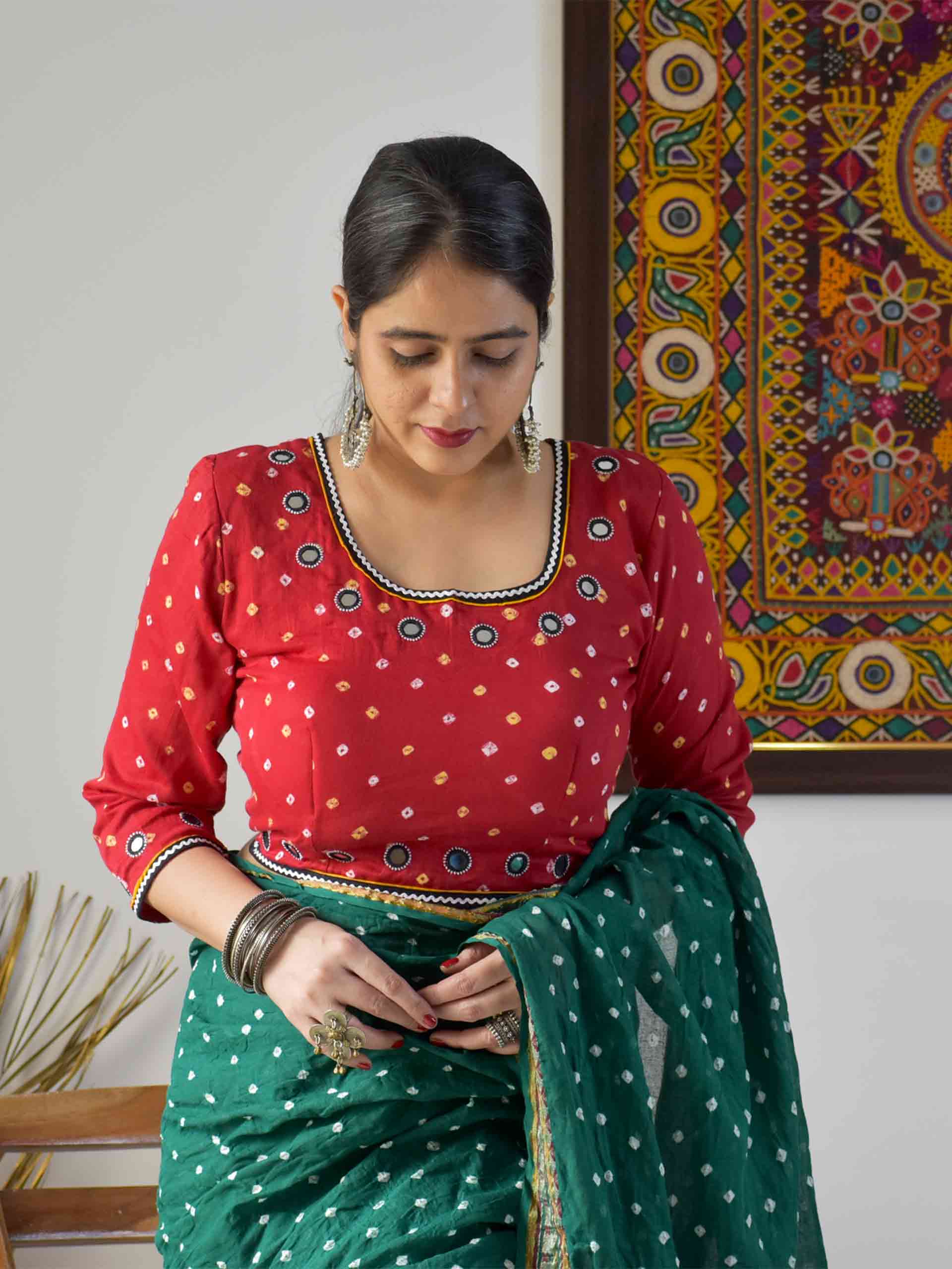 Red - Bandhani Kutch mirror work blouse