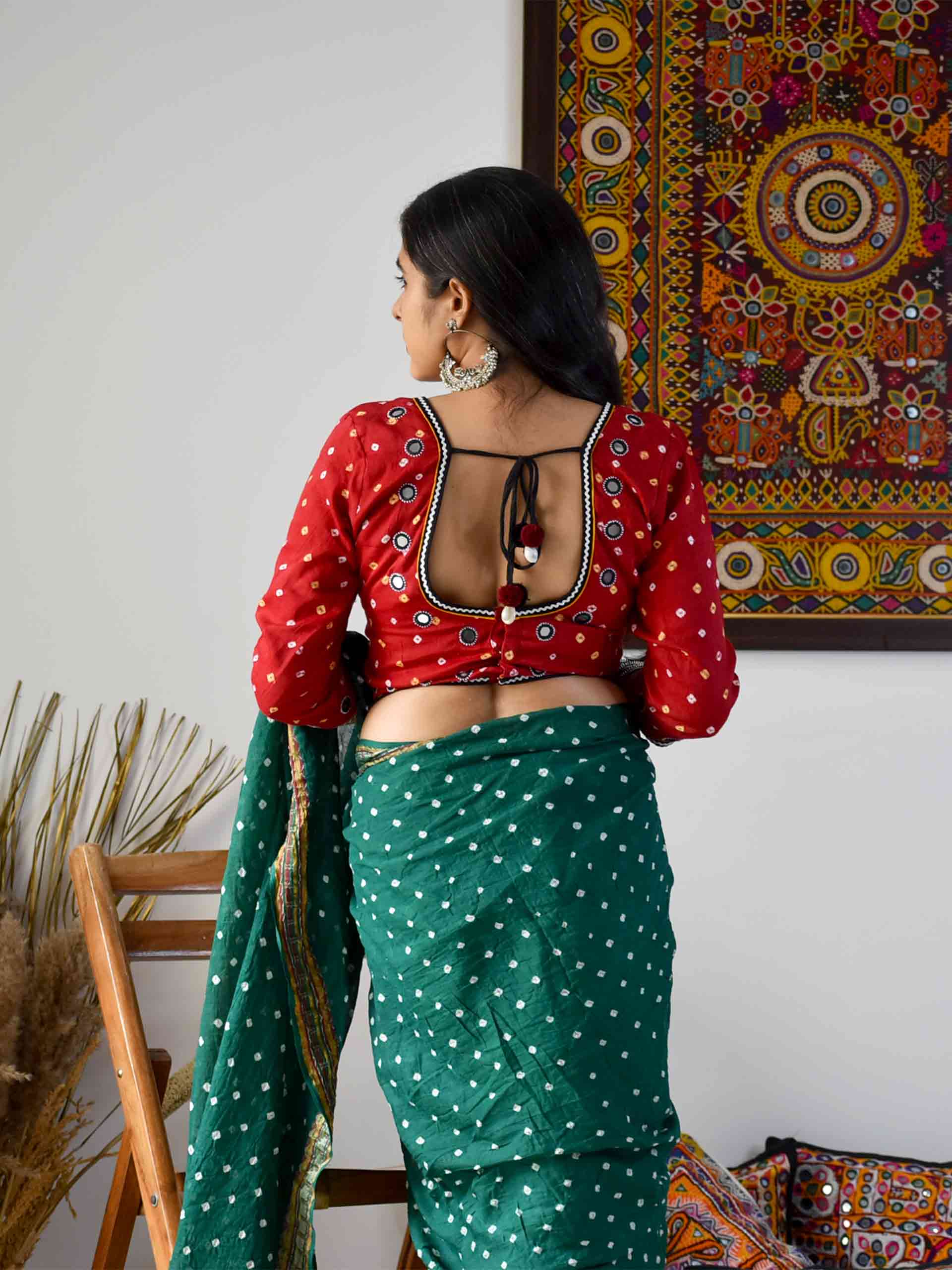 Red - Bandhani Kutch mirror work blouse