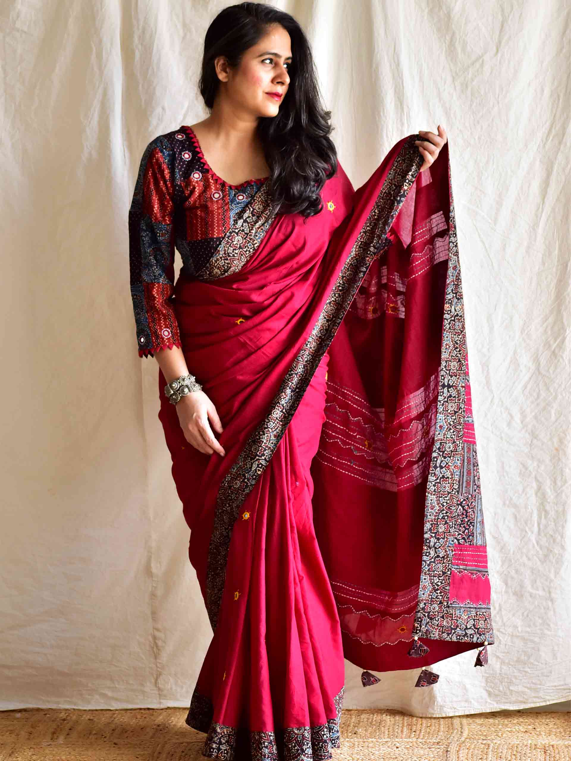 Devi - Ajrakh mirror work and patchwork saree