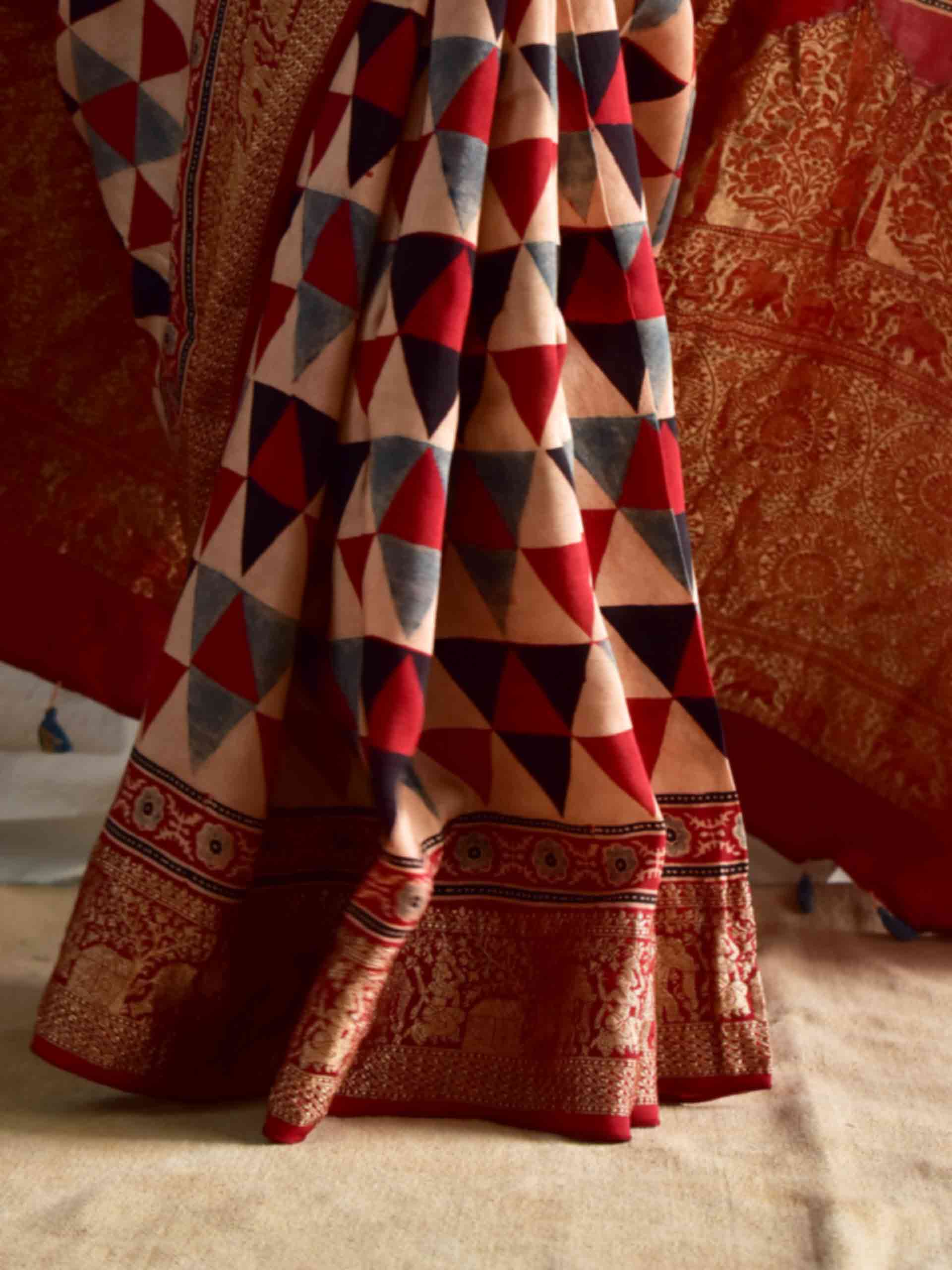 Khwahish - Ajrakh hand block printed Dola Silk zari border Saree