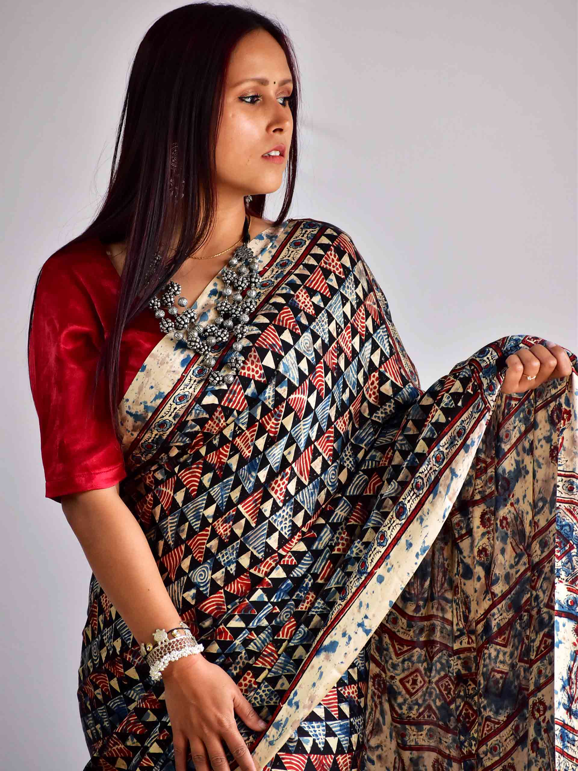 pyramids - Ajrakh modal Silk Saree with zari pallu