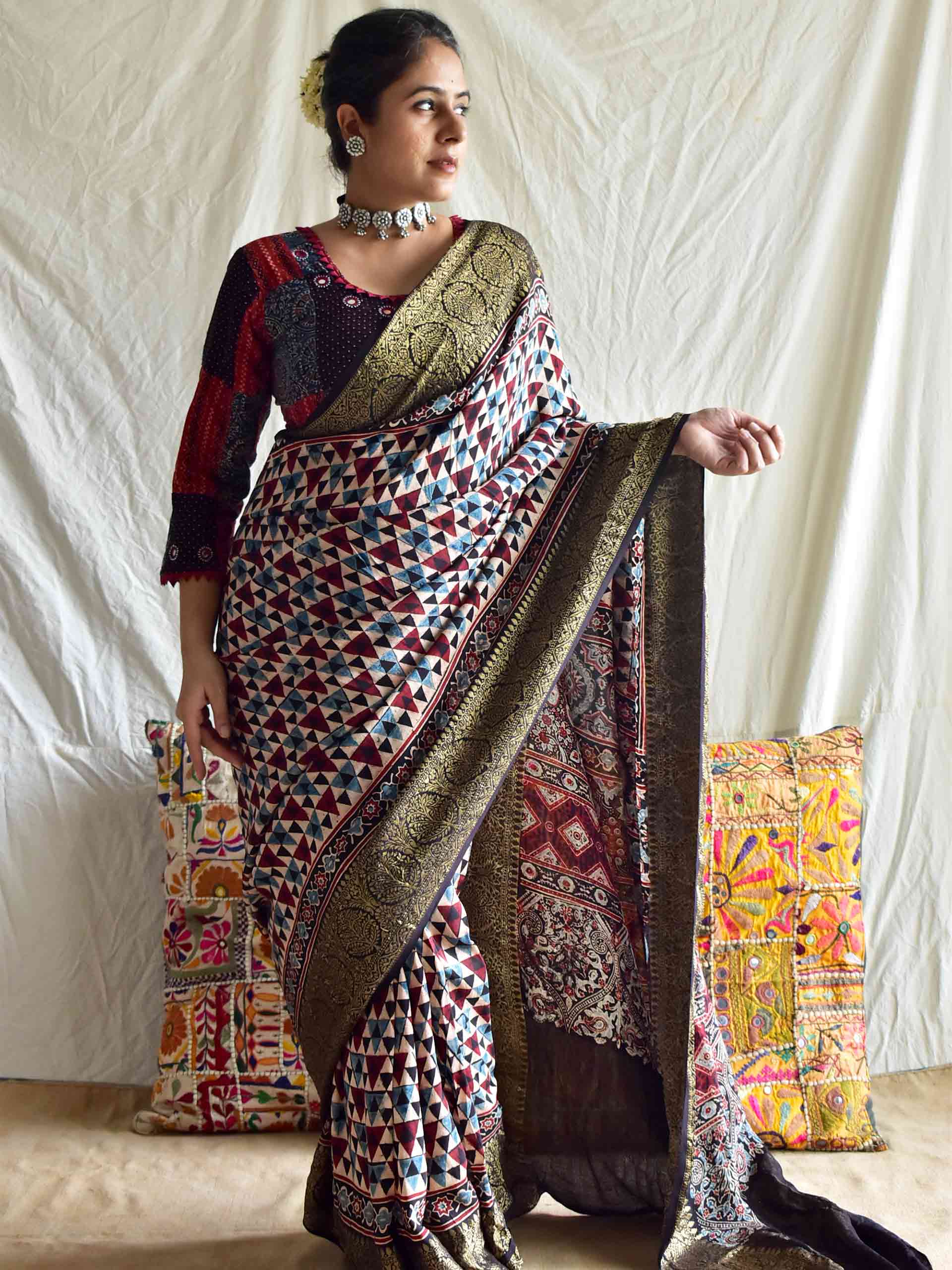 Kaju katli - Ajrakh hand block printed Dola Silk zari border Saree