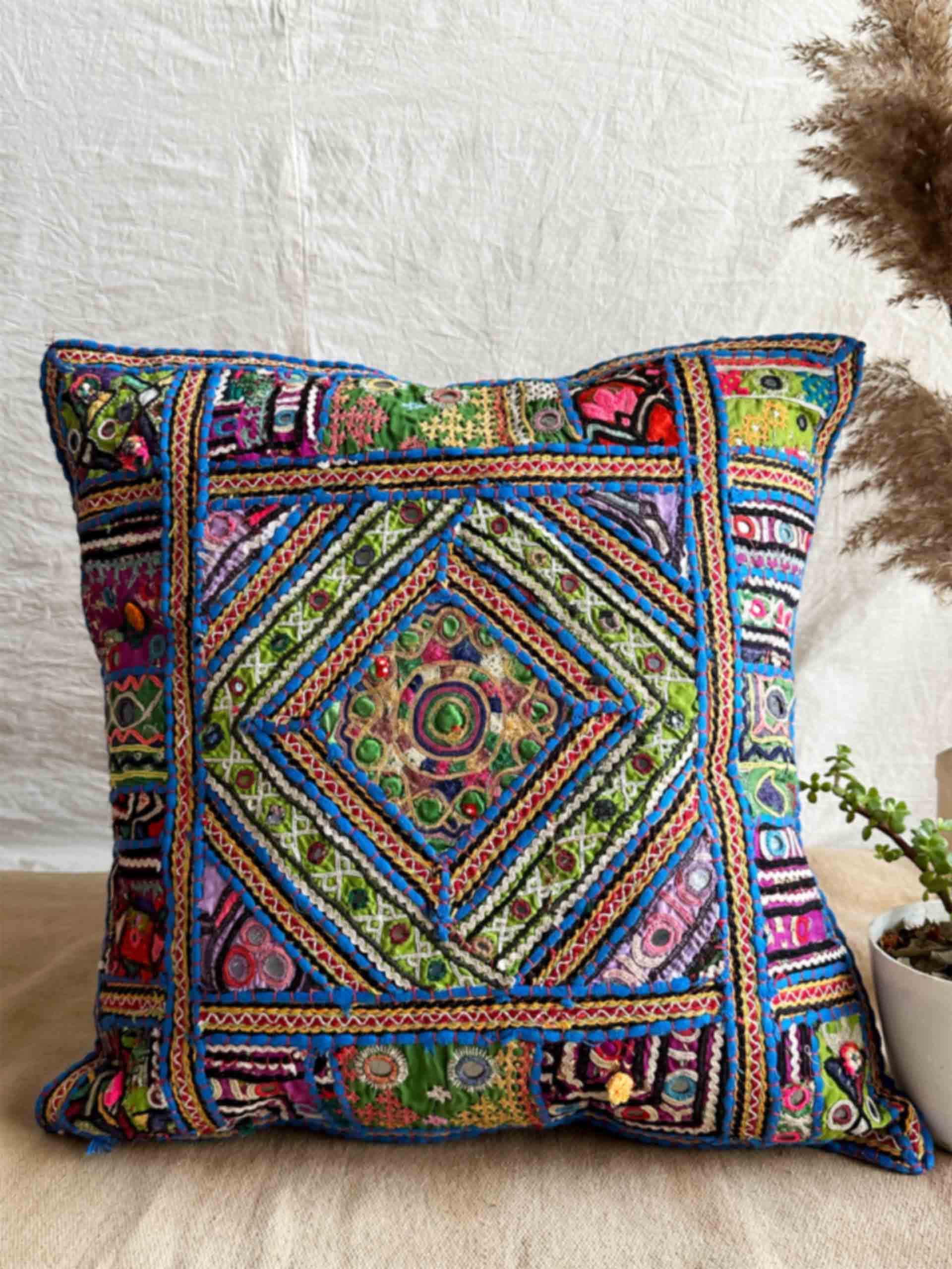 neel - hand embroidered mirror work cushion cover 18X18