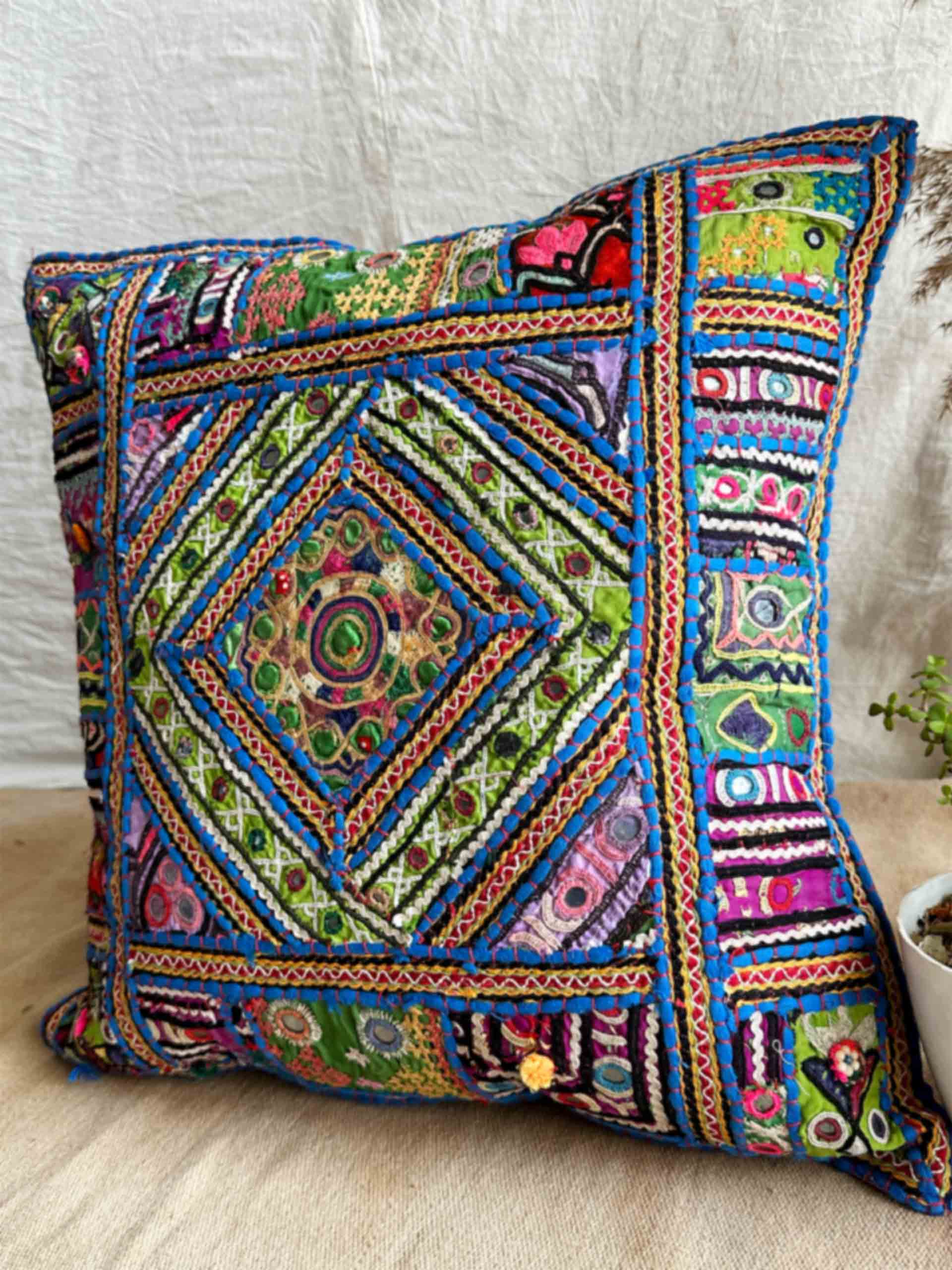 neel - hand embroidered mirror work cushion cover 18X18