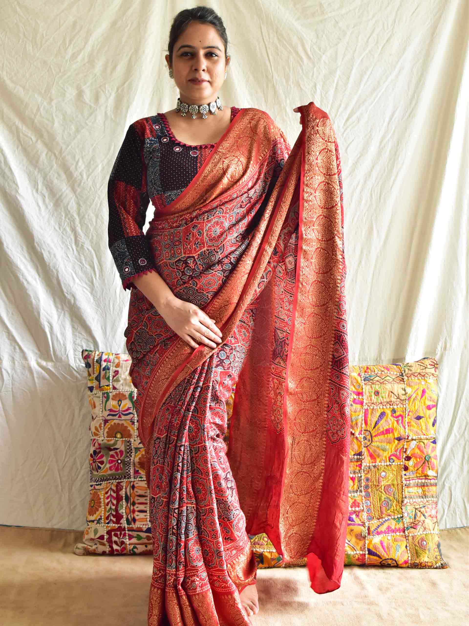 Ajrakh hand block printed Dola Silk zari border Saree