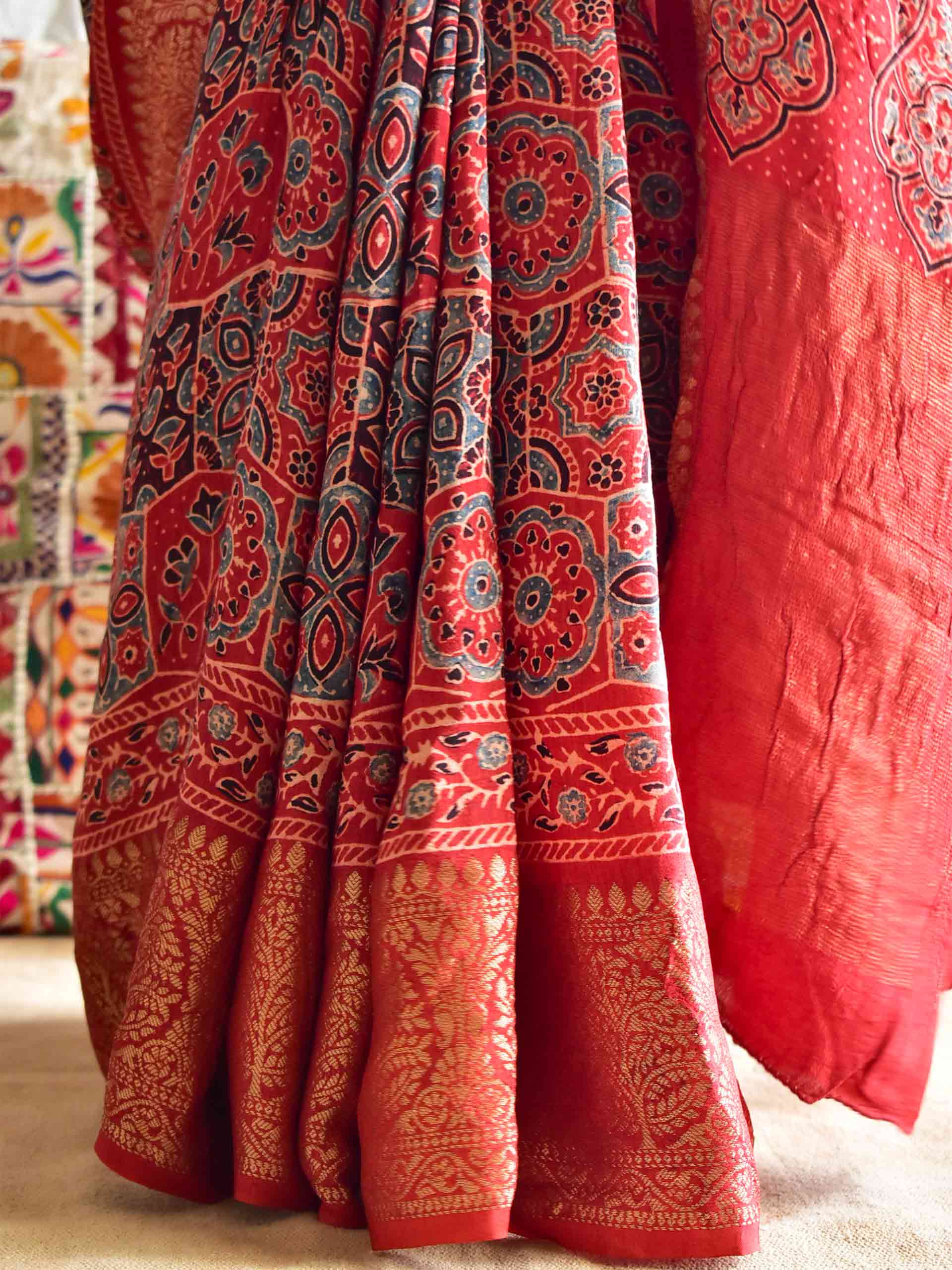 Ajrakh hand block printed Dola Silk zari border Saree