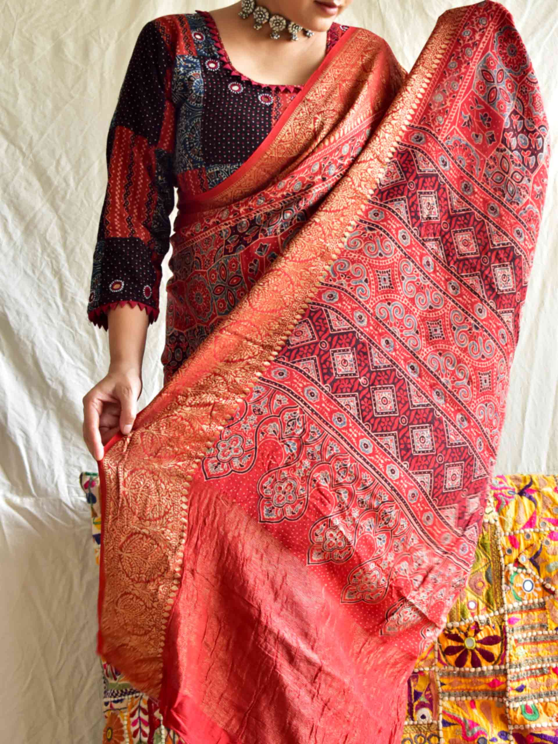 Ajrakh hand block printed Dola Silk zari border Saree