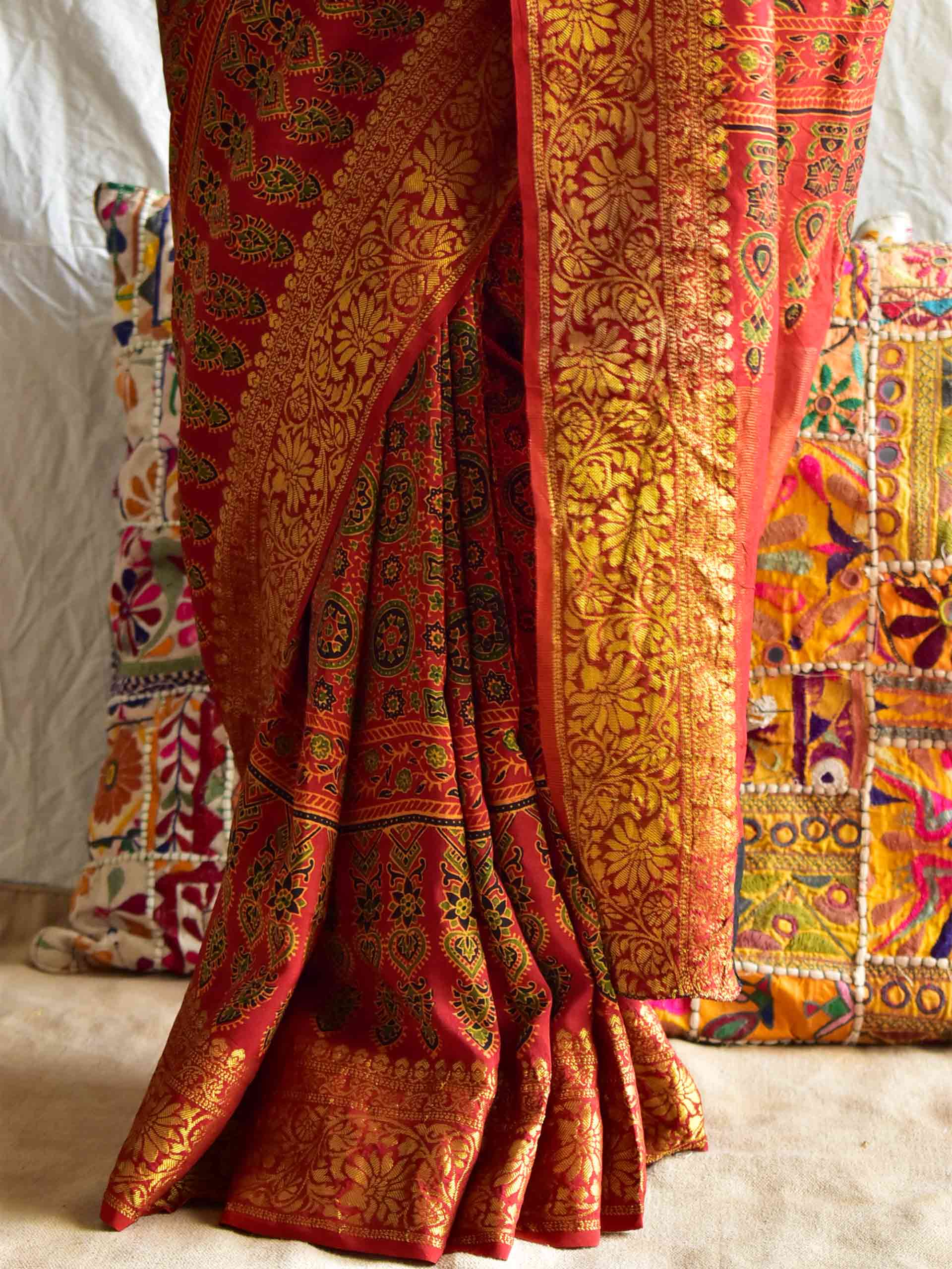 Jalebi - Ajrakh hand block printed Dola Silk zari border Saree