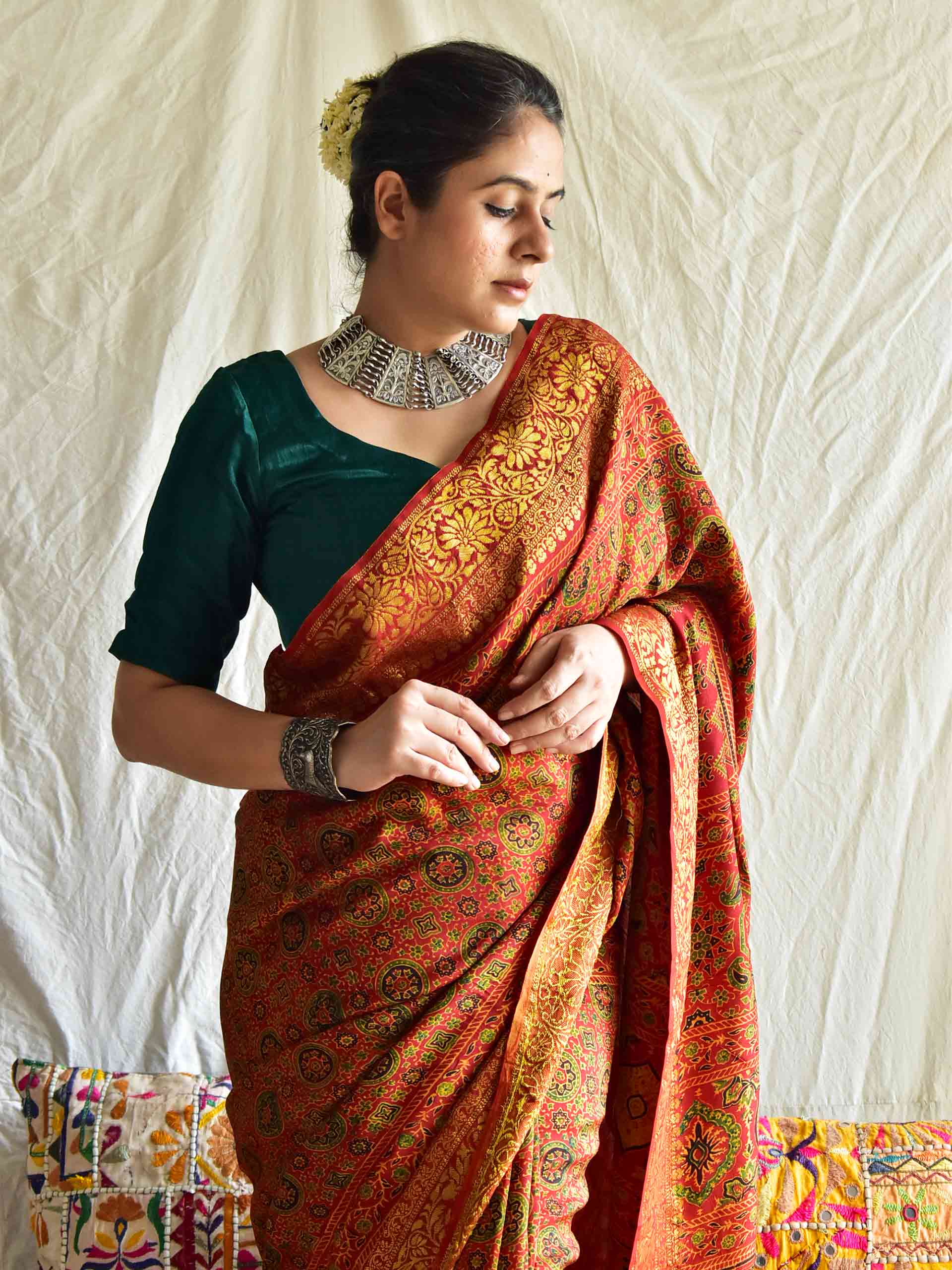 Jalebi - Ajrakh hand block printed Dola Silk zari border Saree