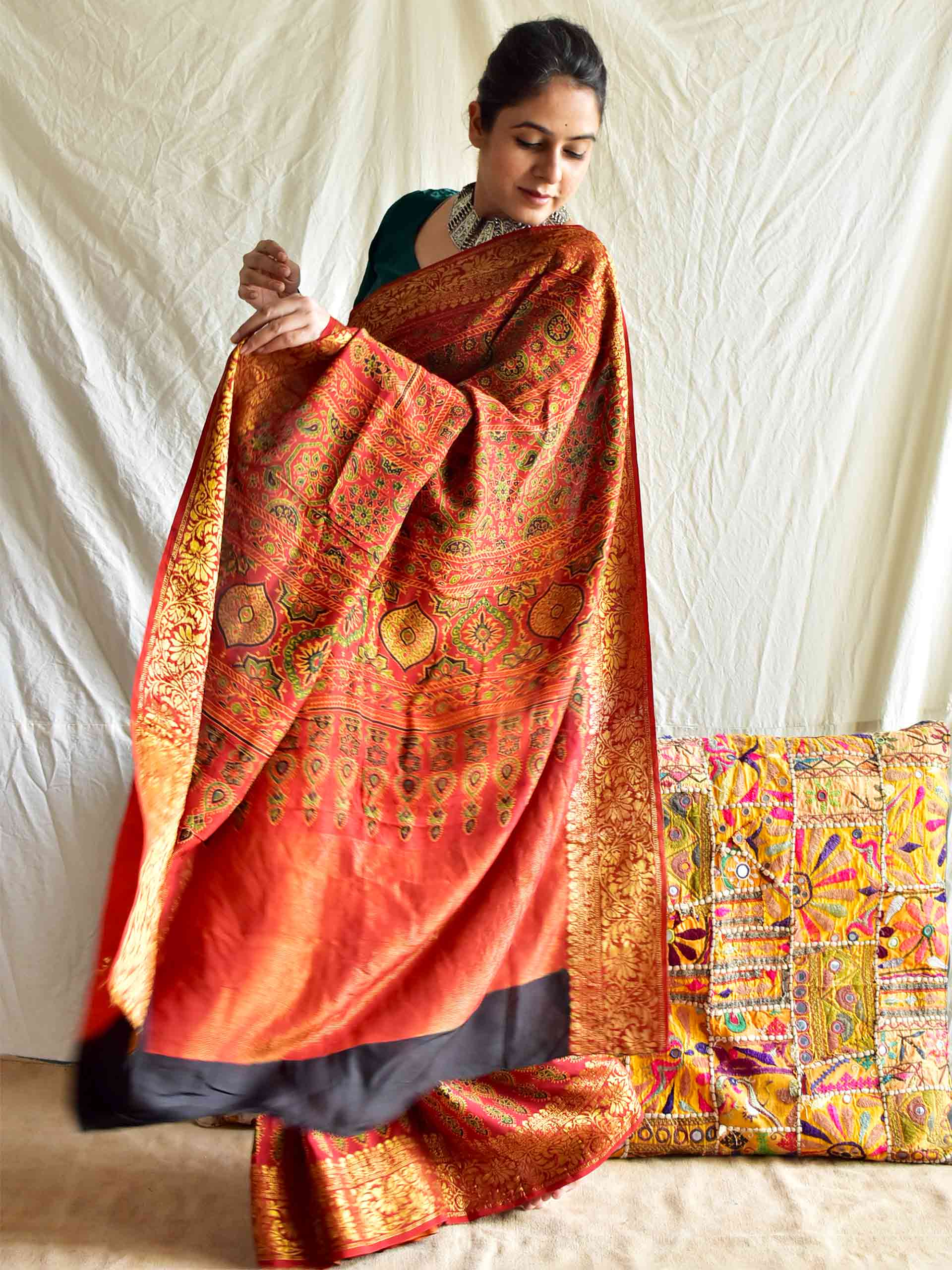 Jalebi - Ajrakh hand block printed Dola Silk zari border Saree