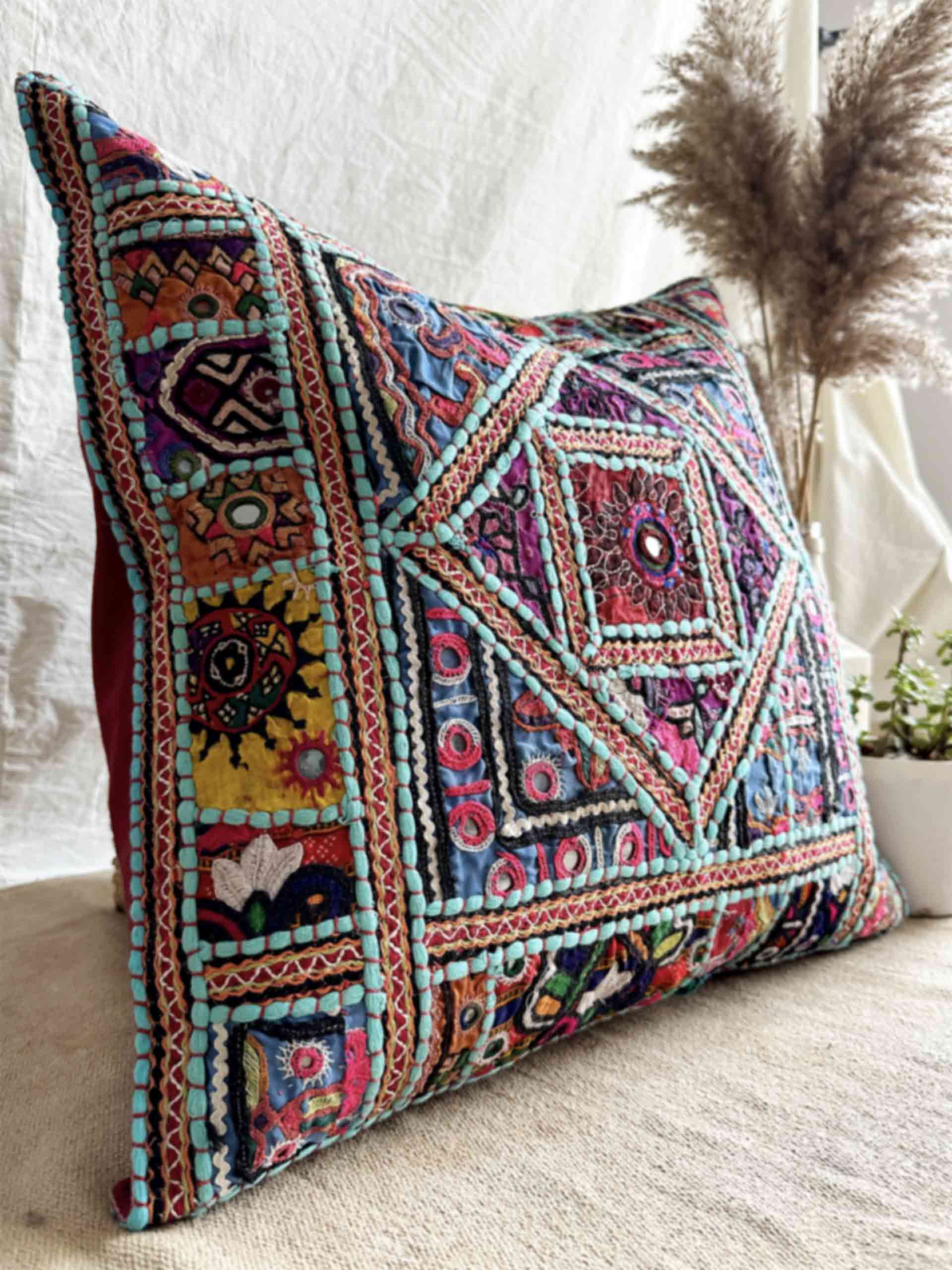 Karishma - hand embroidered mirror work cushion cover 18X18