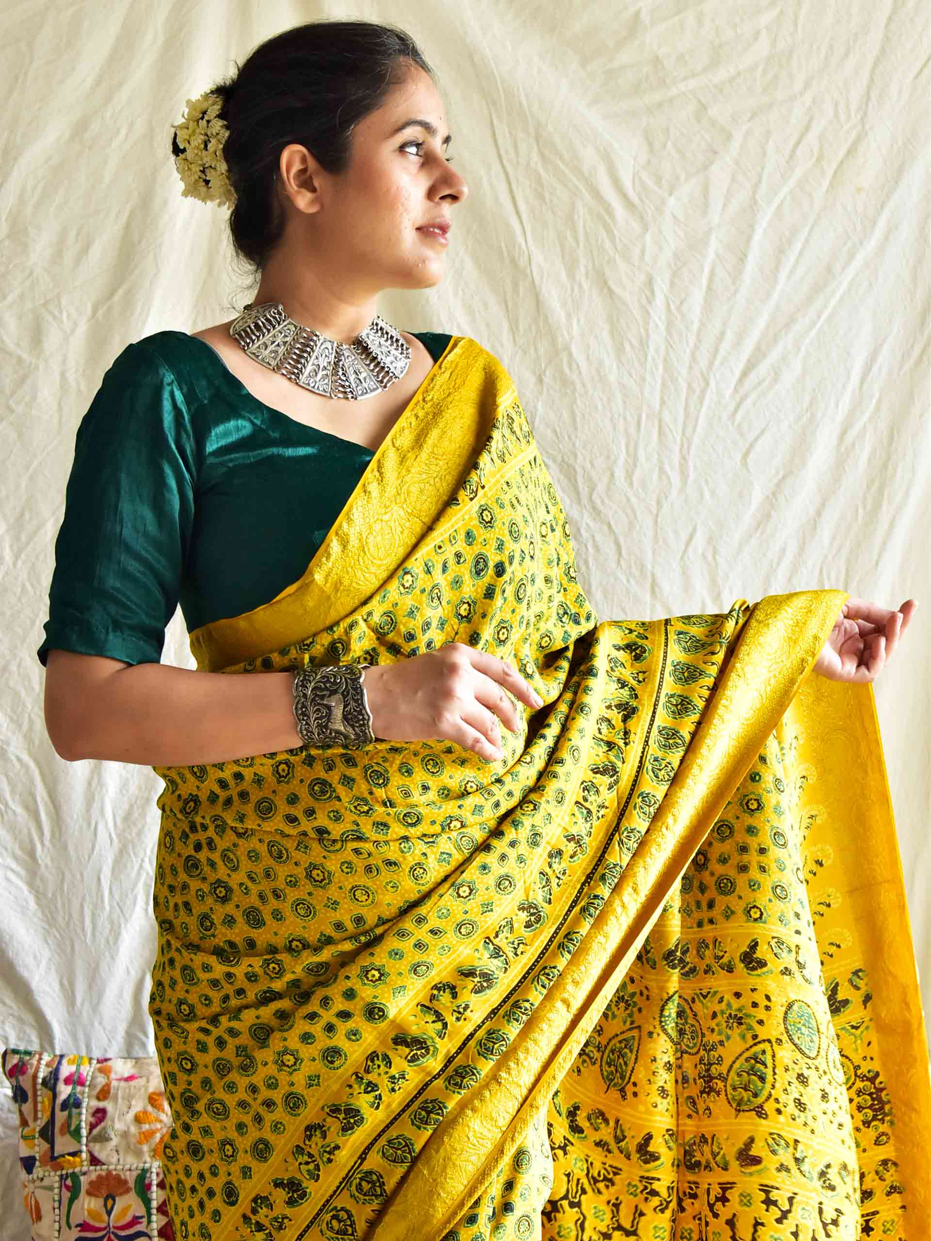 Rasmalai - Ajrakh hand block printed Dola Silk zari border Saree