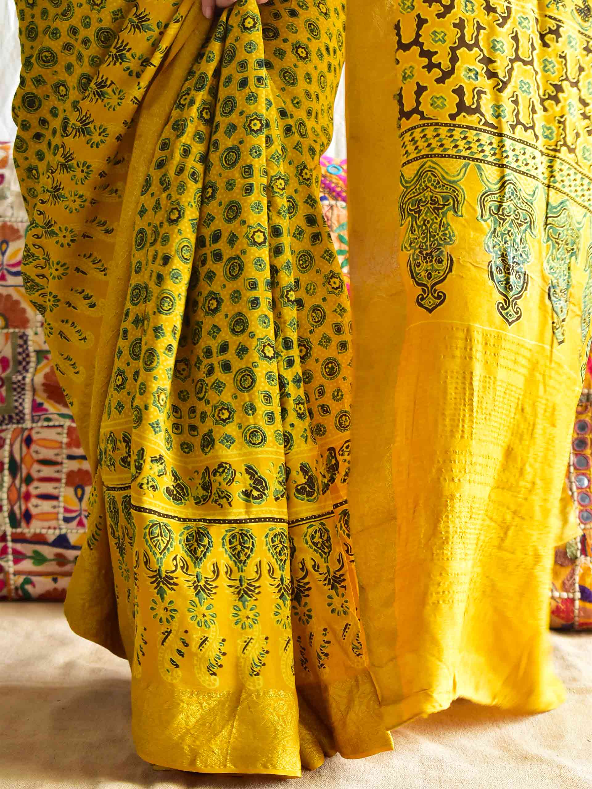 Rasmalai - Ajrakh hand block printed Dola Silk zari border Saree