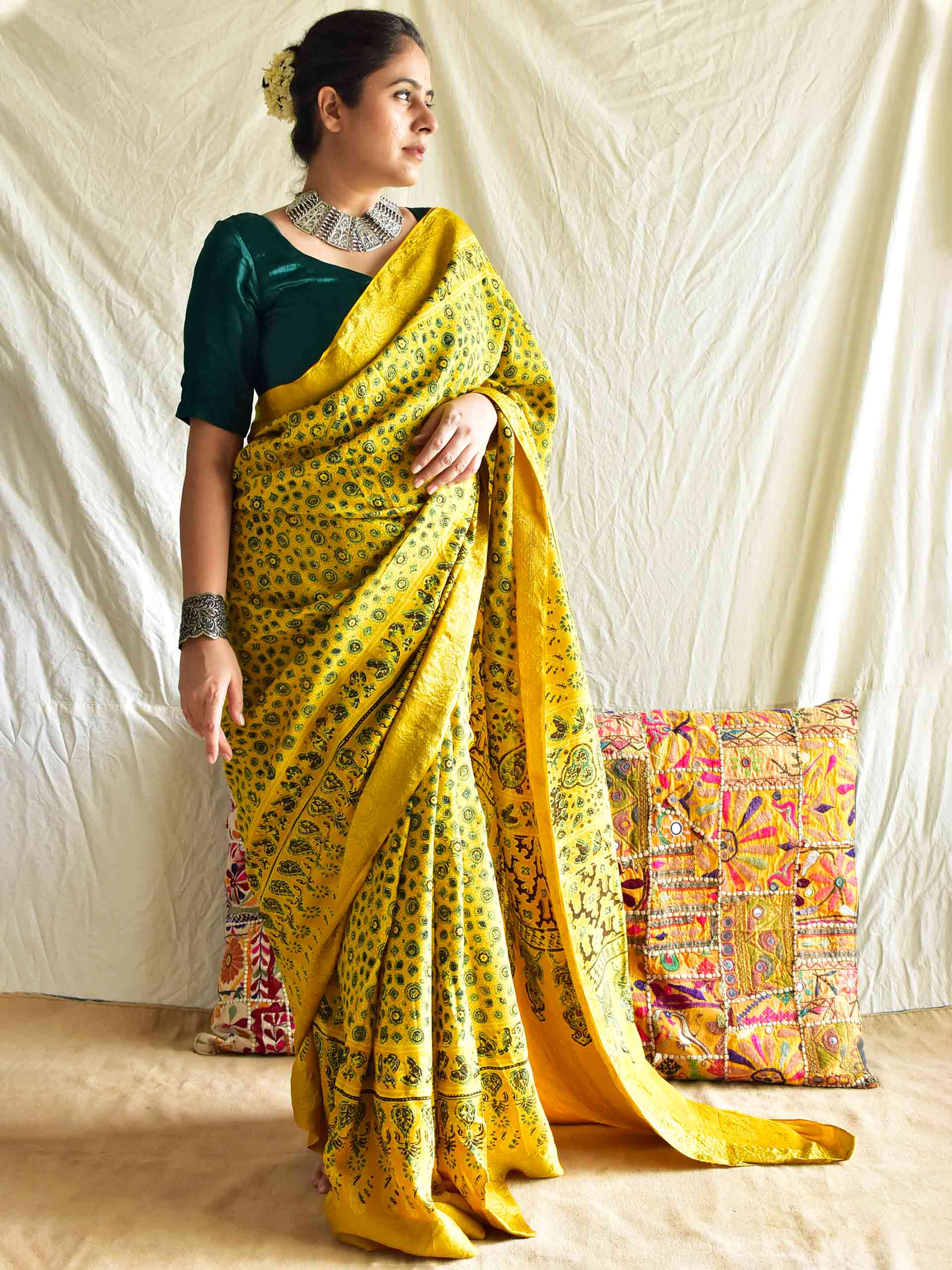 Rasmalai - Ajrakh hand block printed Dola Silk zari border Saree