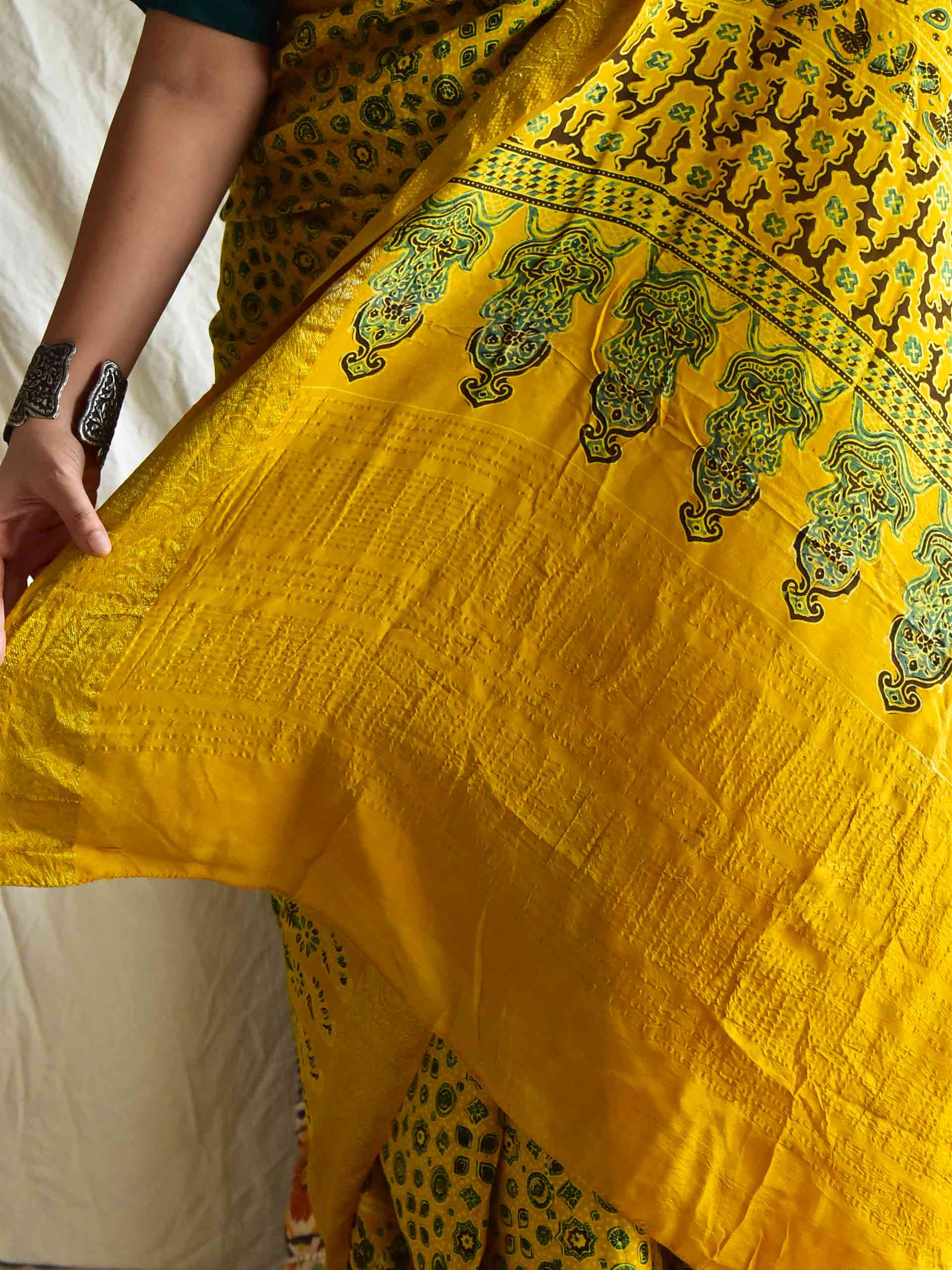 Rasmalai - Ajrakh hand block printed Dola Silk zari border Saree