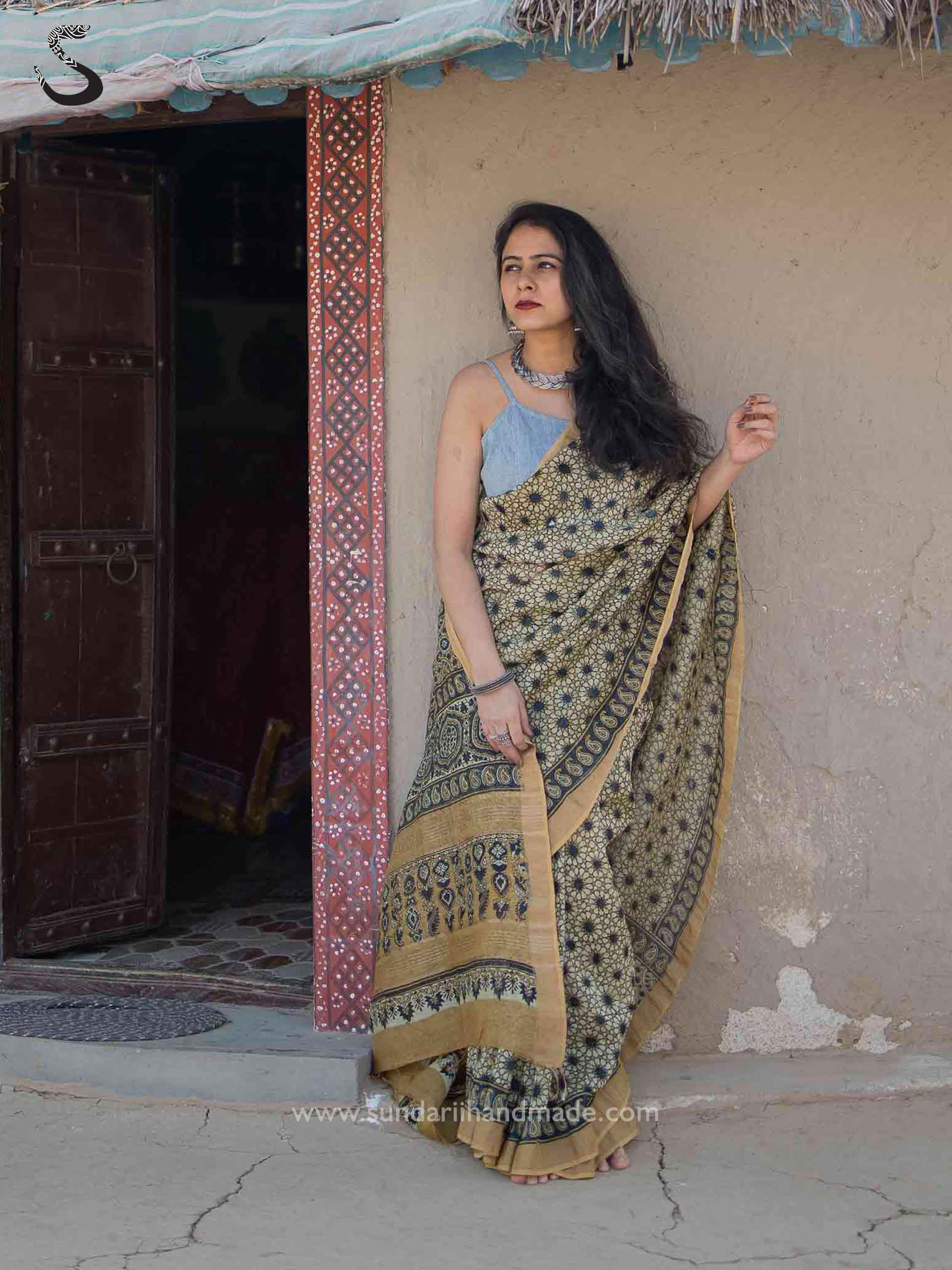 Buy Ajrakh Linen Silk Zari Saree Online