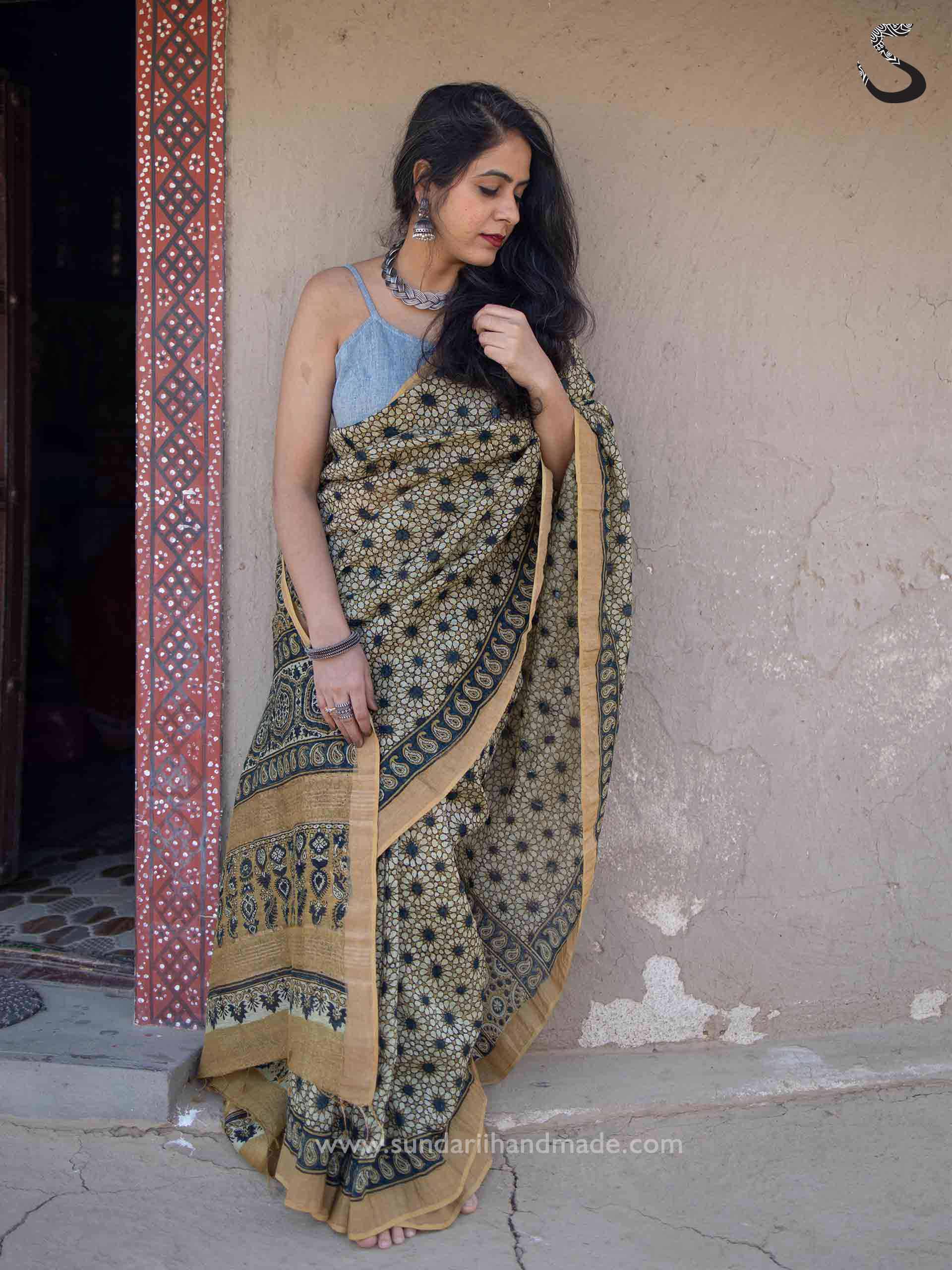 Buy Ajrakh Linen Silk Zari Saree Online