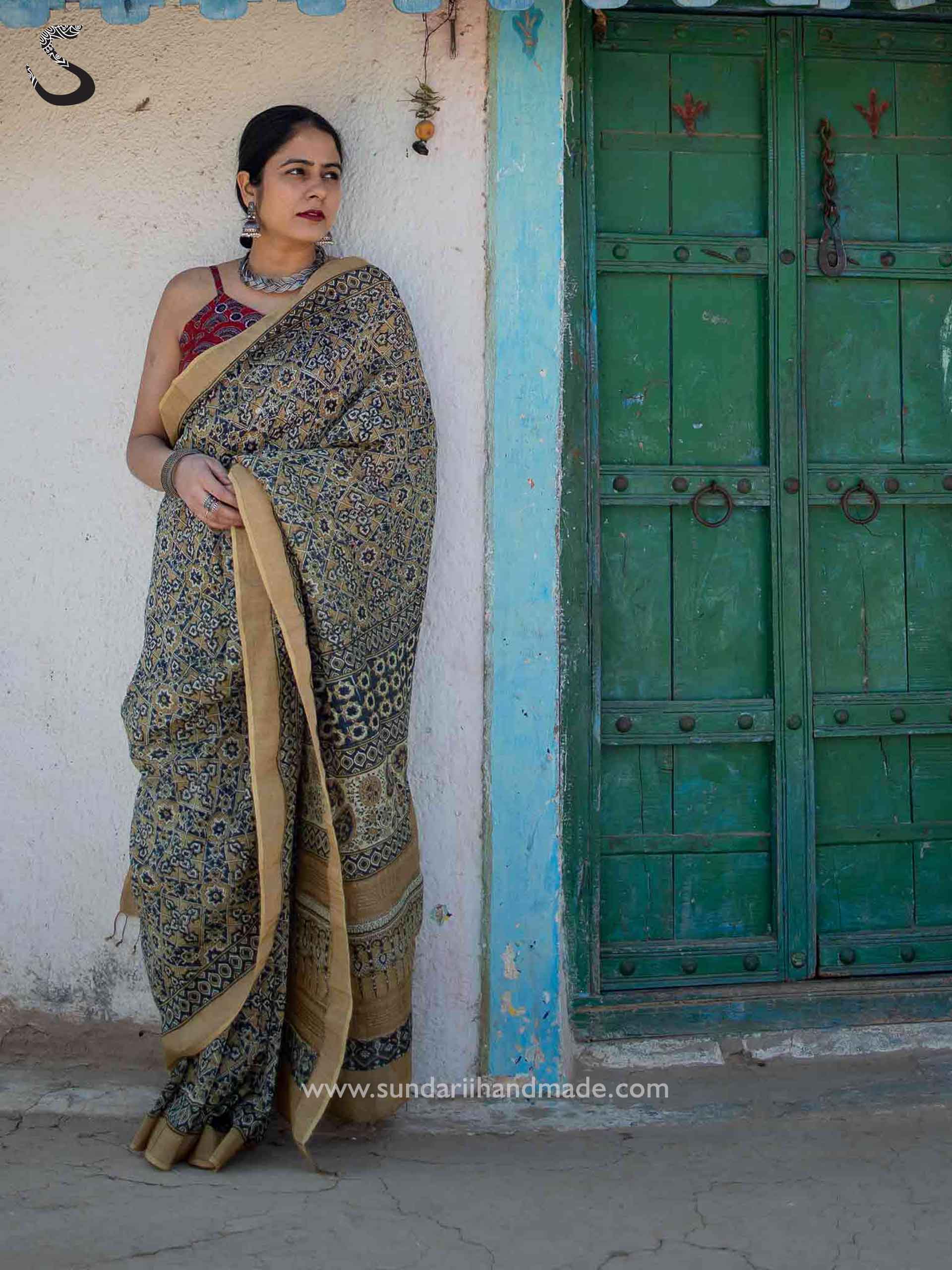 Buy Ajrakh Linen Silk Zari Saree Online