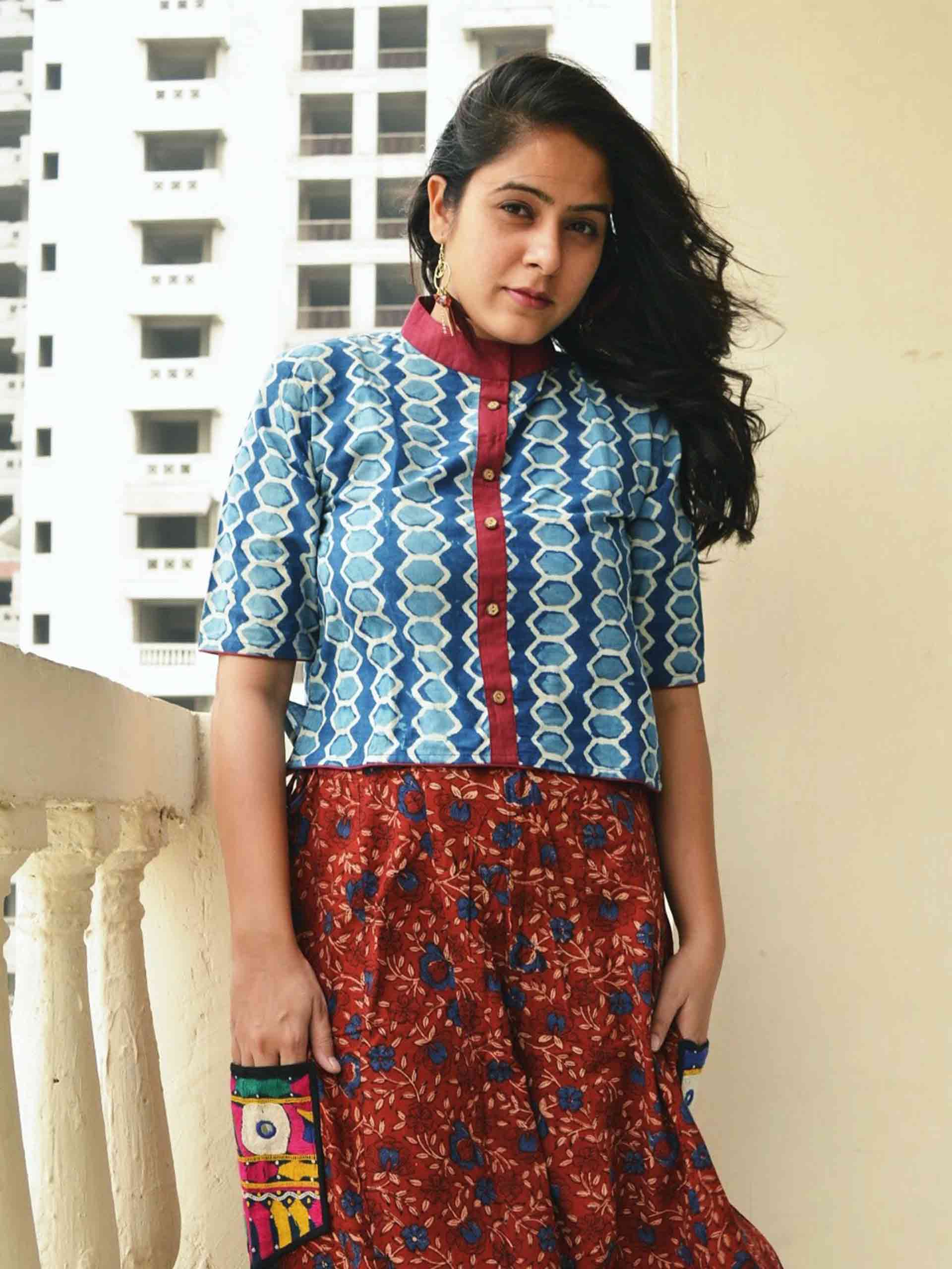 Indigo honey comb Dabu hand block printed cotton crop top