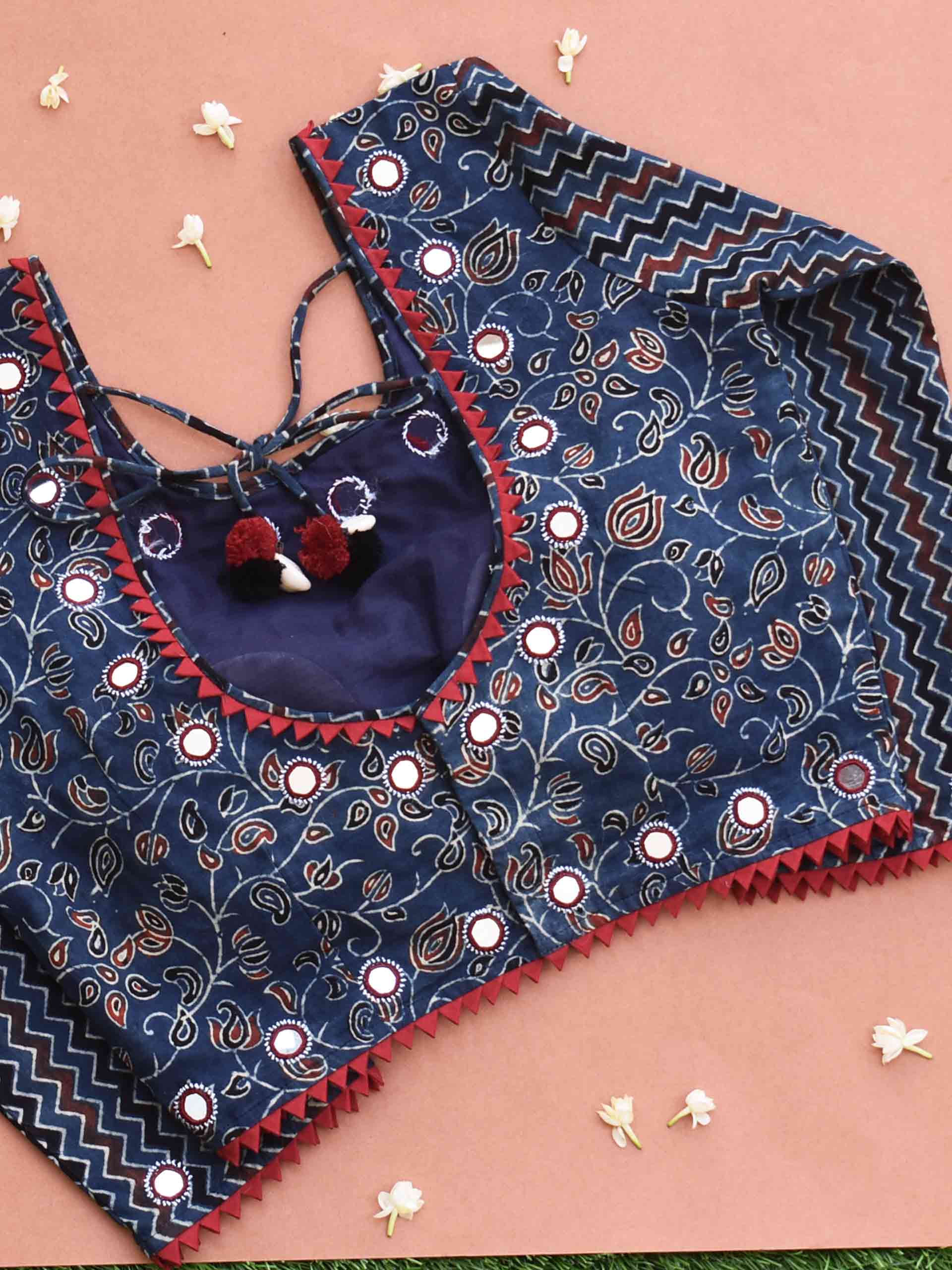 Buy Blue Floral Ajrakh hand block printed Kutch mirror work blouse