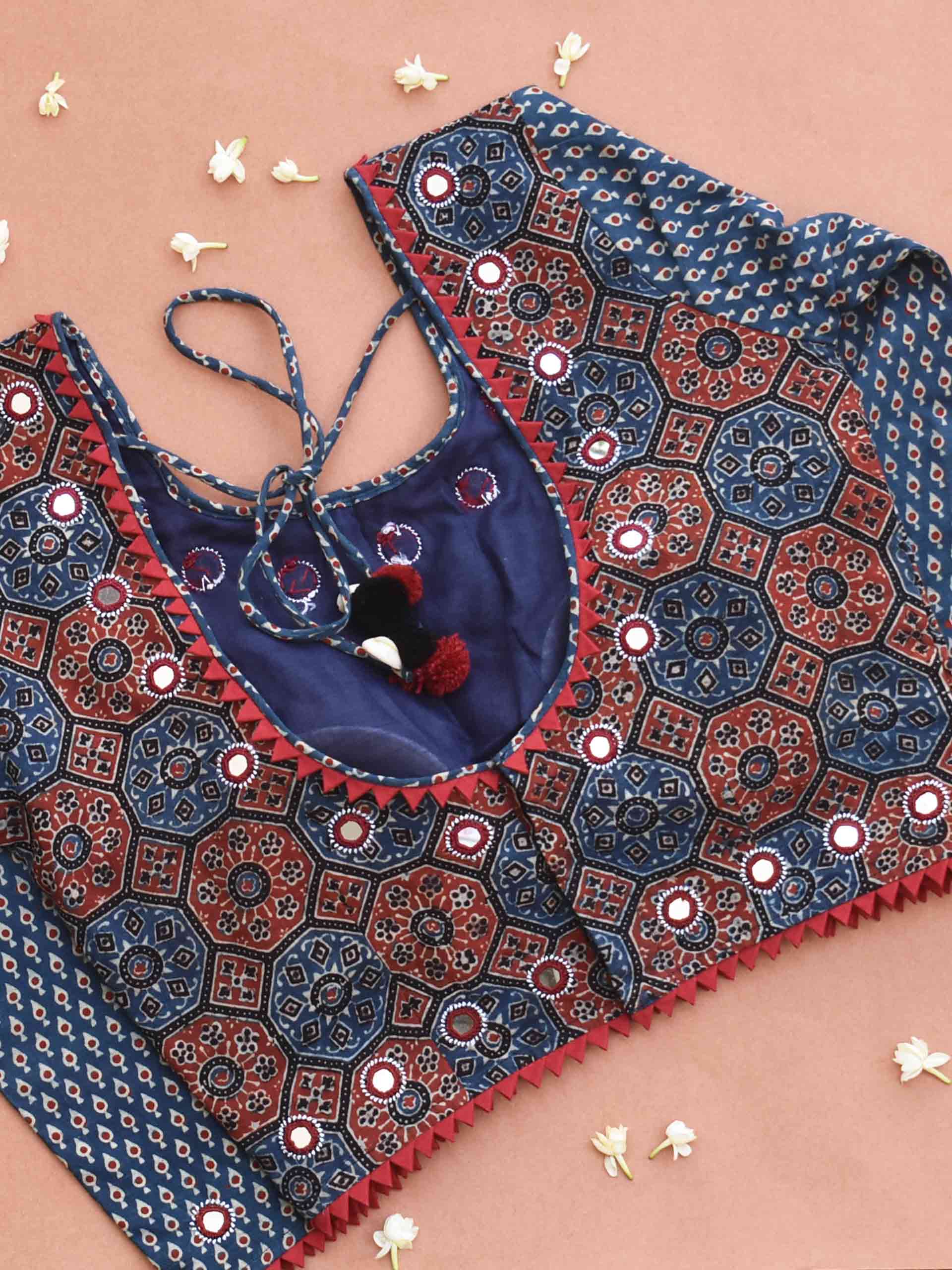 Buy Blue Ajrakh hand block printed Kutch mirror work blouse