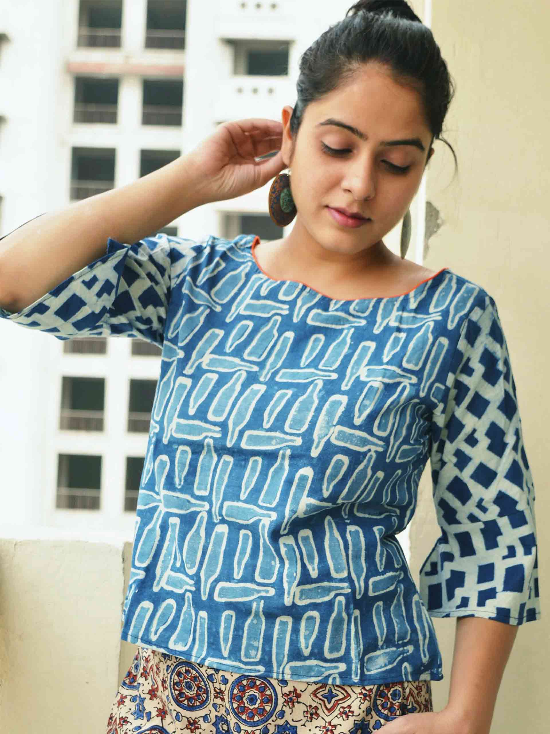 Indigo bottle print Dabu hand block printed cotton crop top