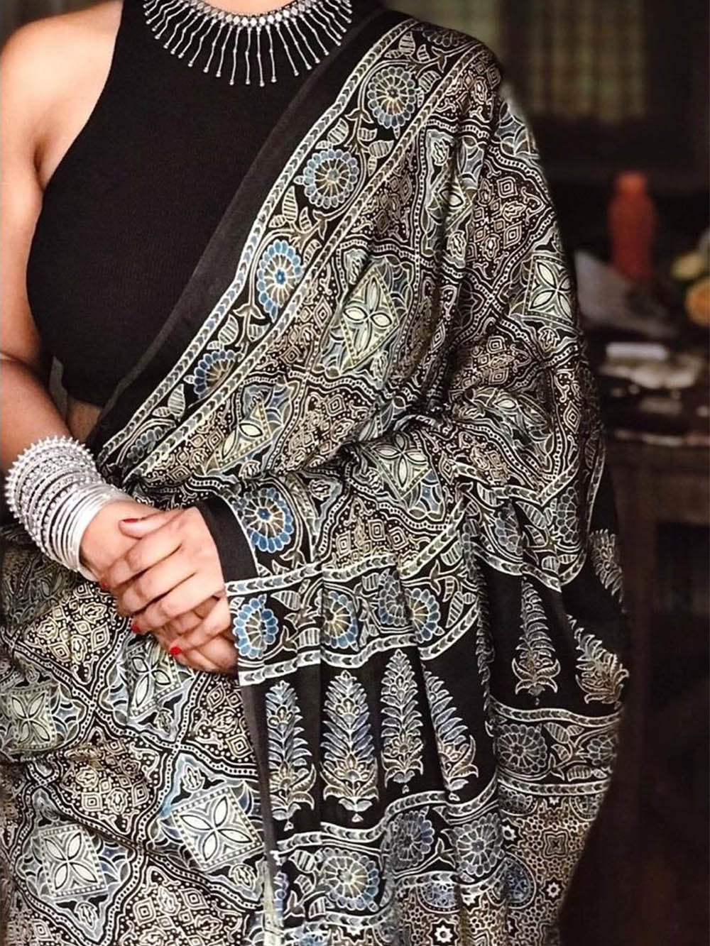 Black Ajrakh hand block printed Modal silk saree