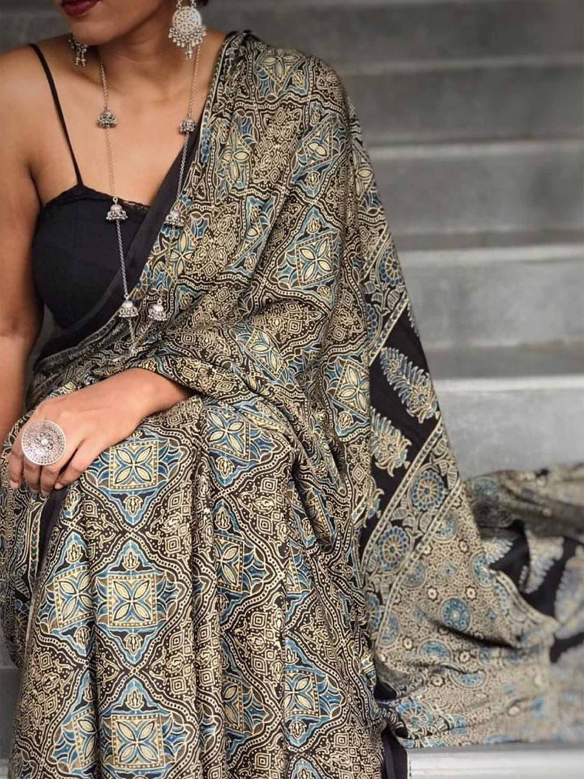 Black Ajrakh hand block printed Modal silk saree