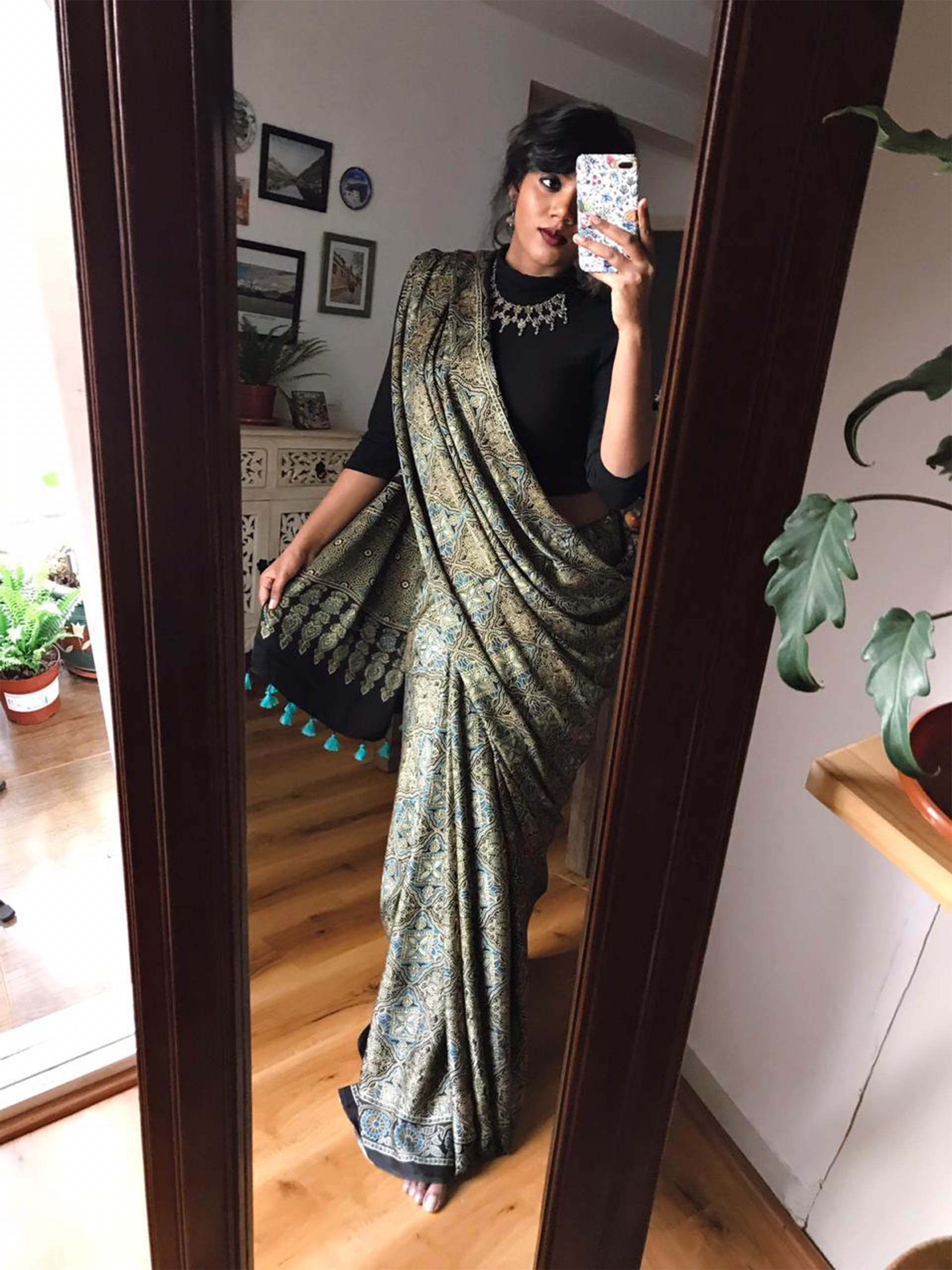 Black Ajrakh hand block printed Modal silk saree