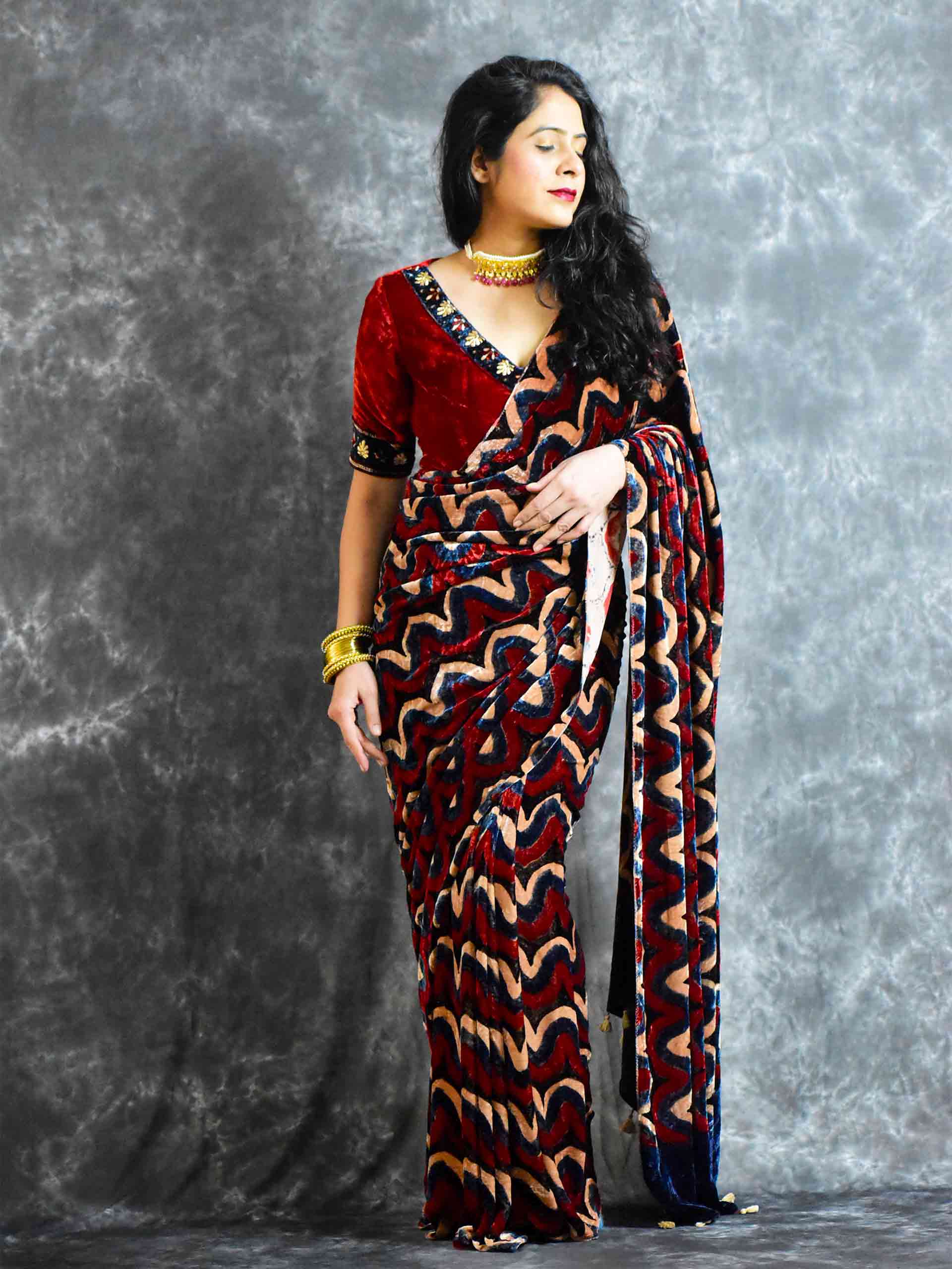 Buy Ajrakh Silk Velvet Saree Online