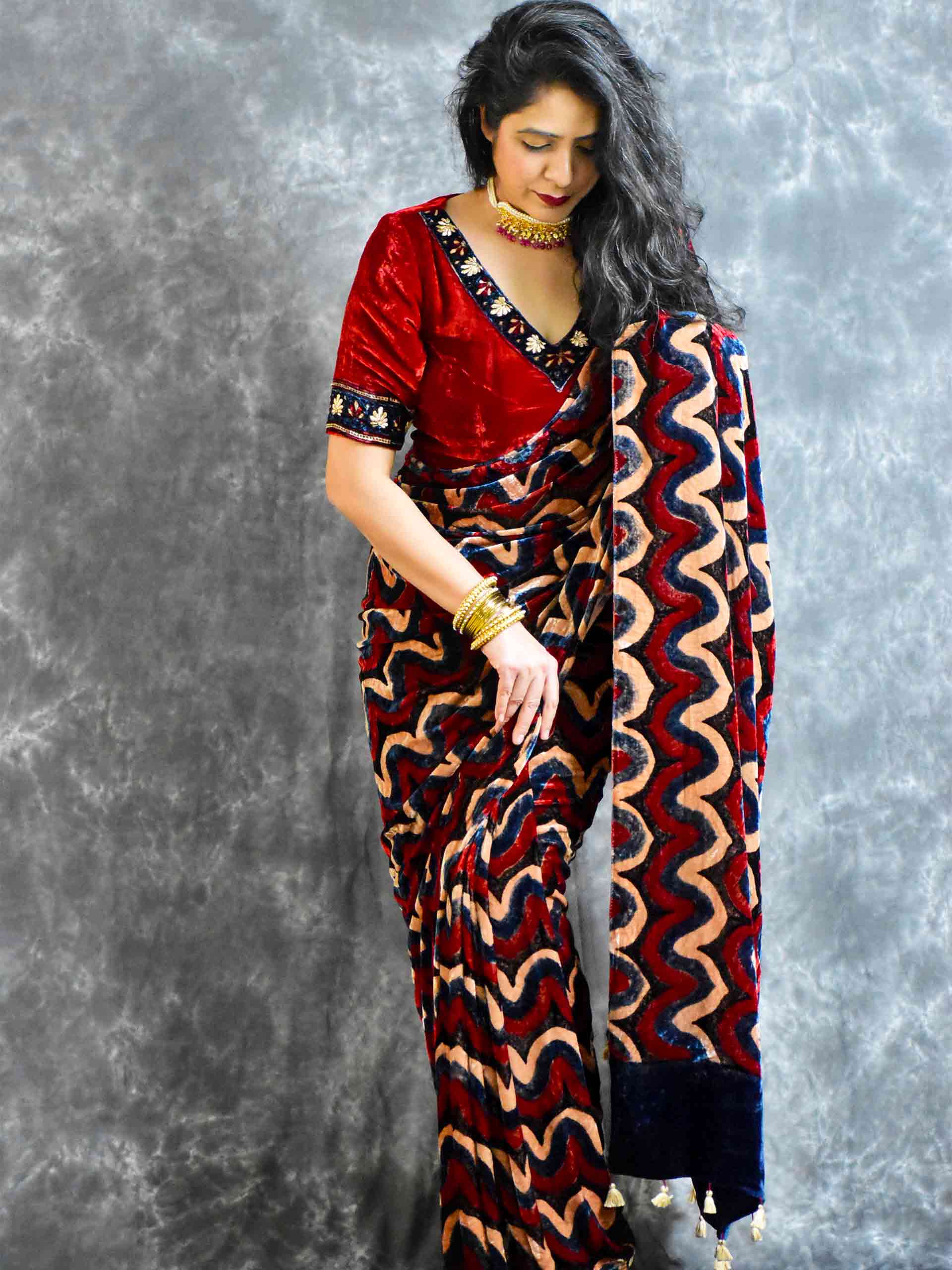Buy Ajrakh Silk Velvet Saree Online