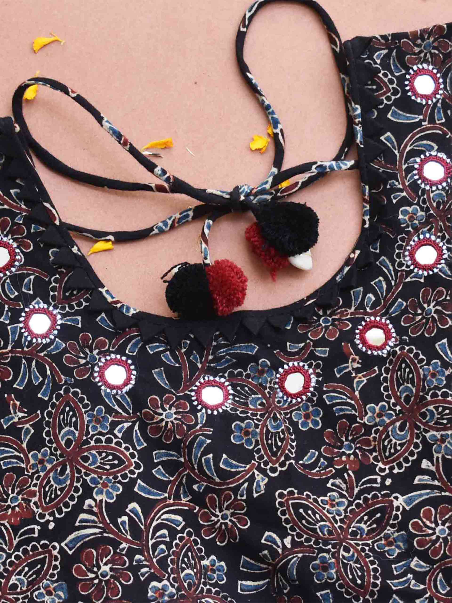 Ajrakh kutch mirror work black designer blouse detailing