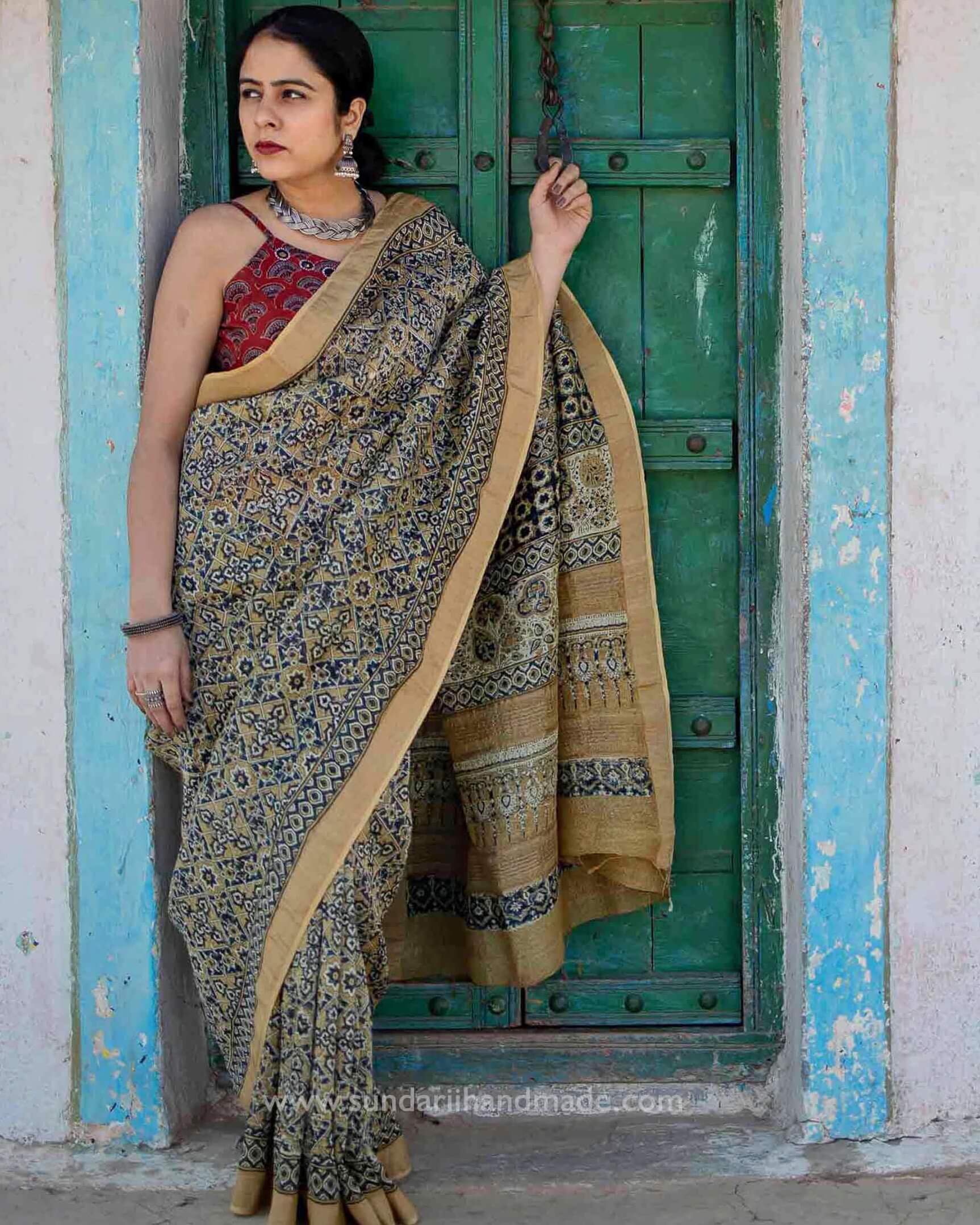 Buy Ajrakh Linen Silk Zari Saree Online