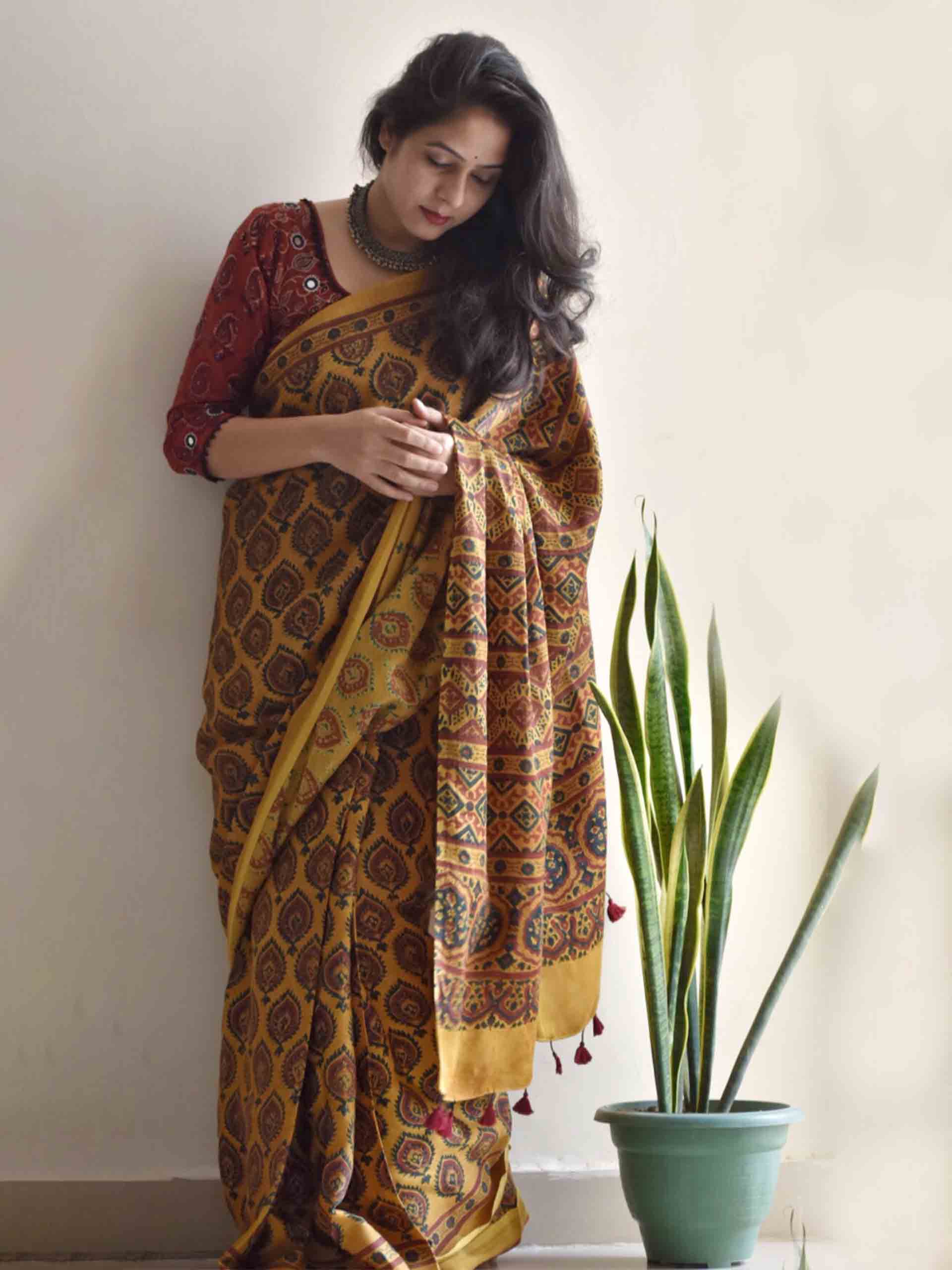 Ajrakh hand block printed modal silk saree