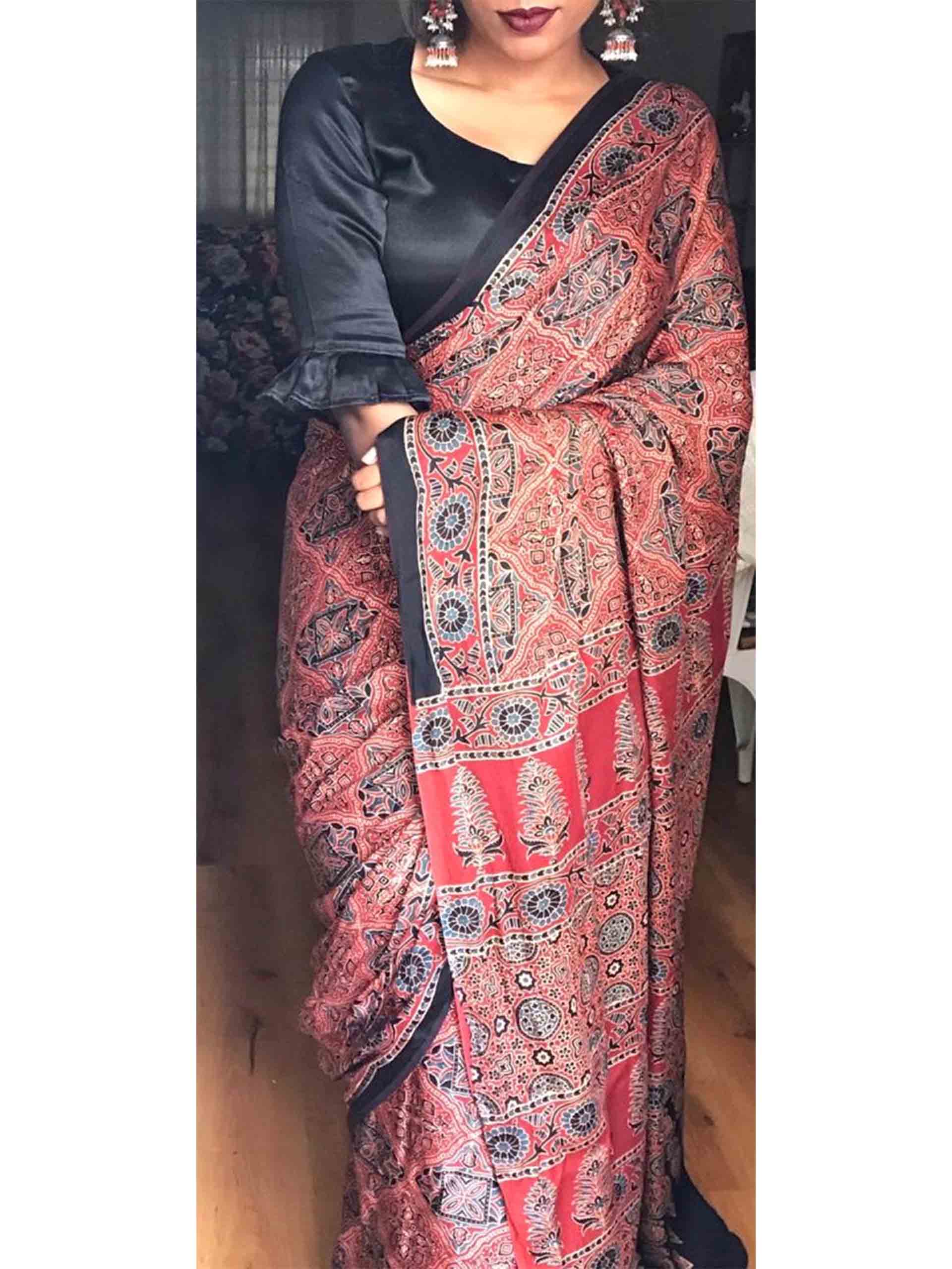 Ajrakh hand block printed modal silk saree