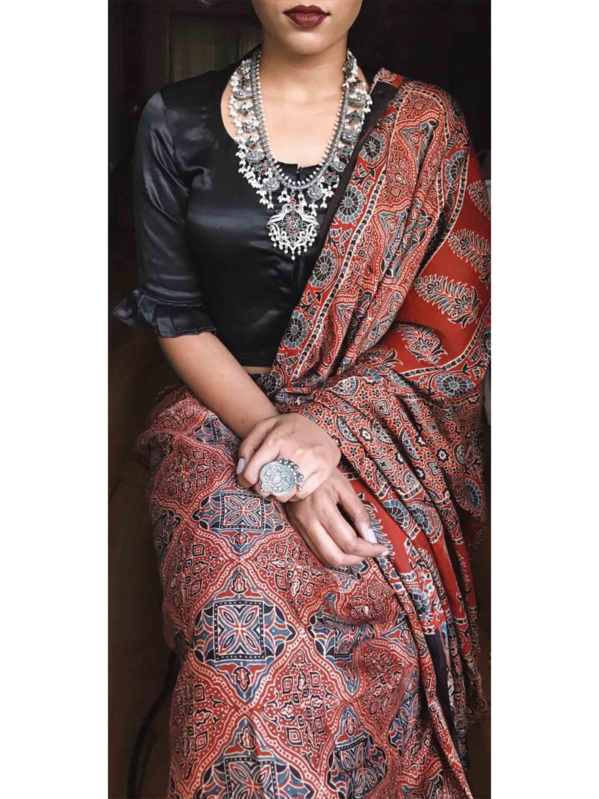 Ajrakh hand block printed modal silk saree