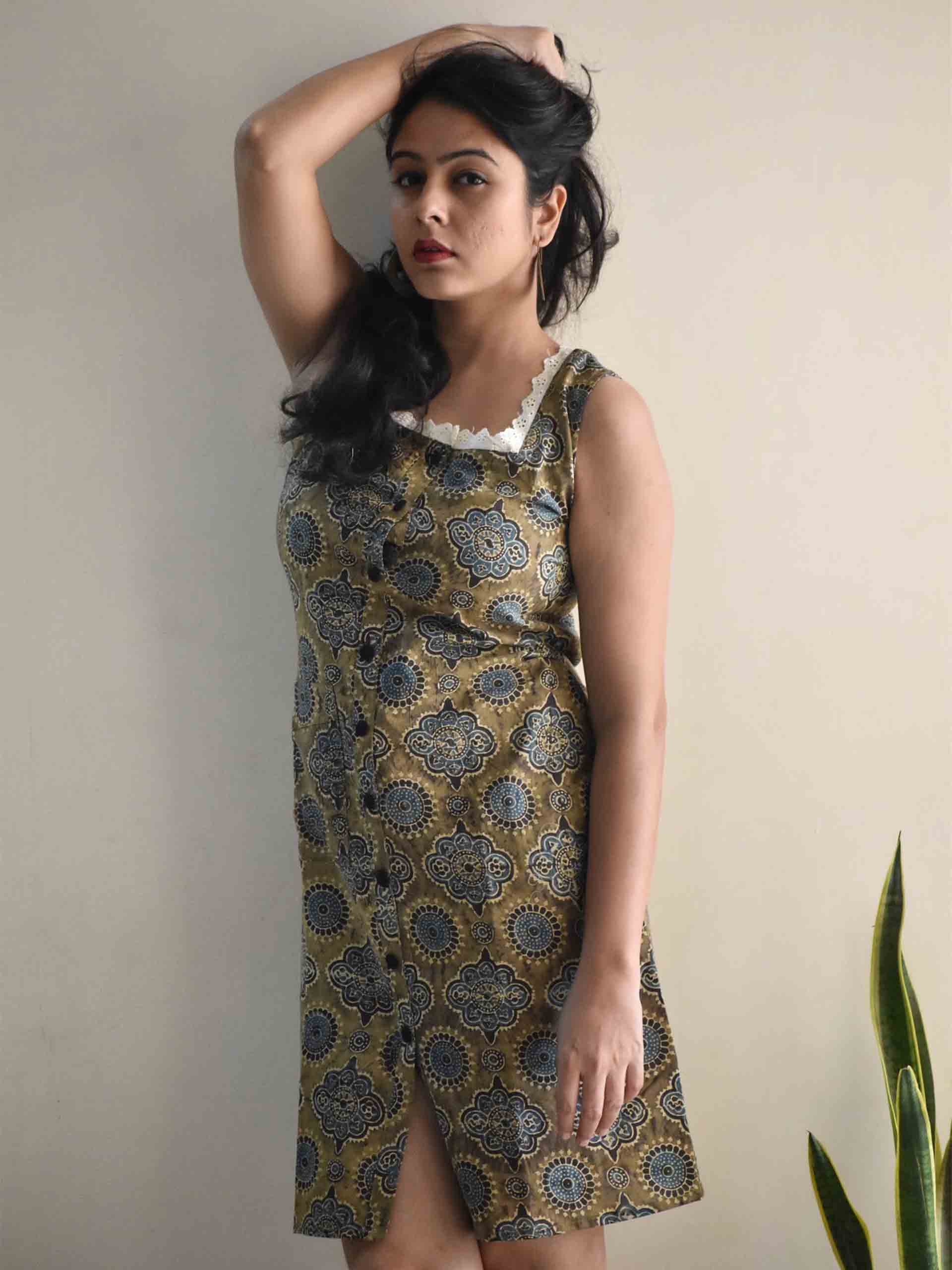 Green Ajrakh hand block printed sheath dress