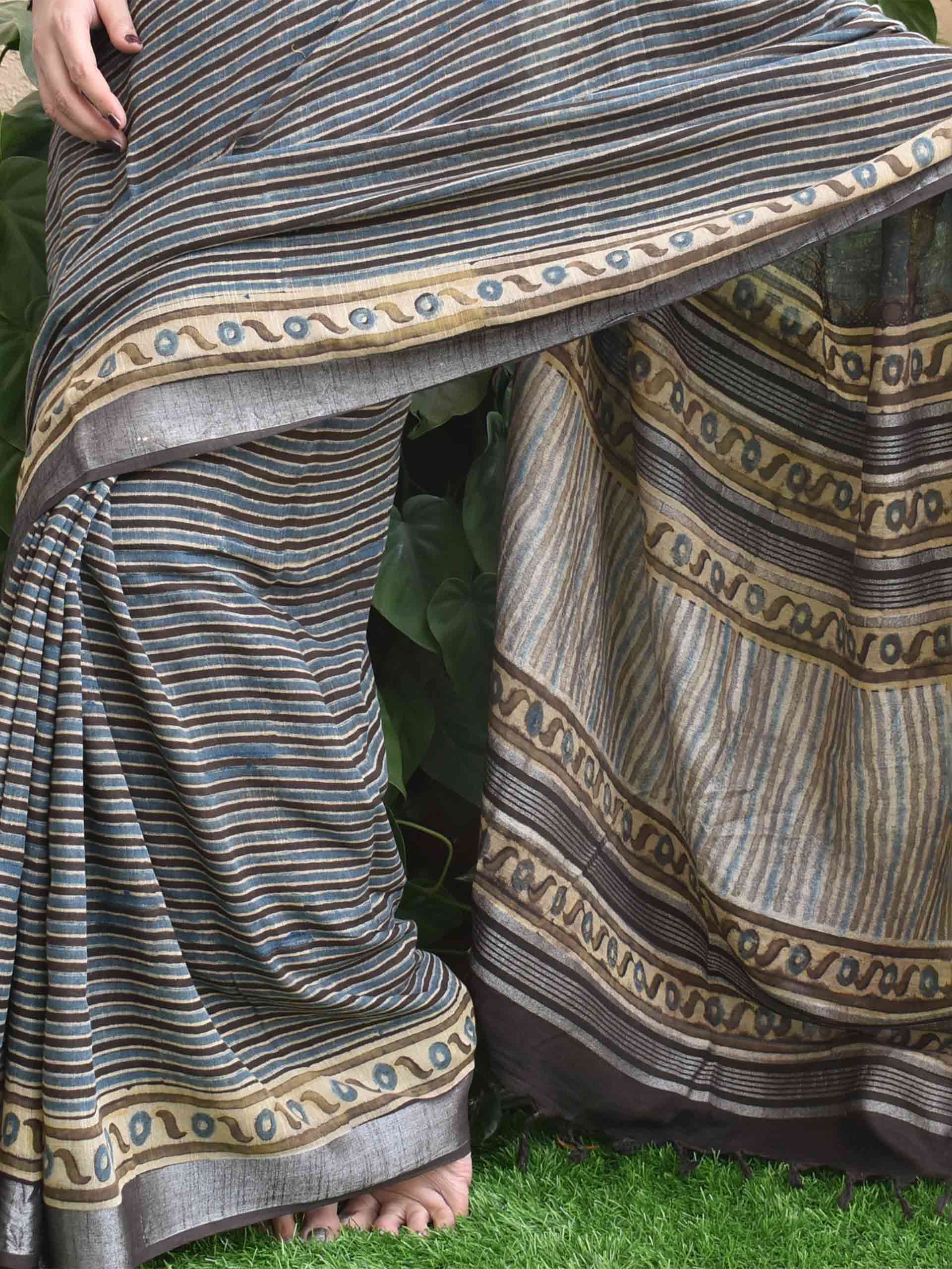 Grey Blue Stripes Ajrakh hand block printed Linen cotton saree