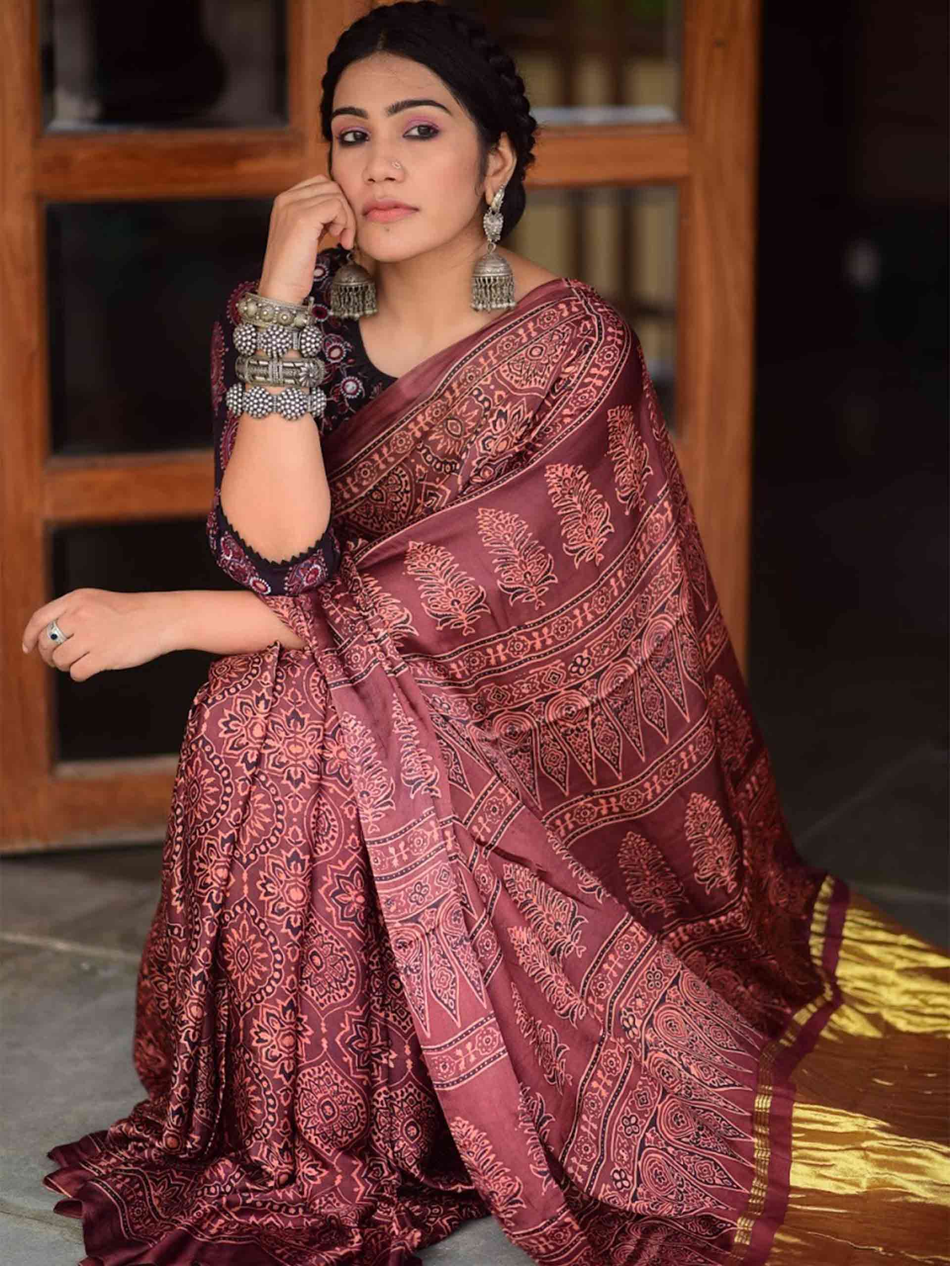 Ajrakh modal silk designer saree poses