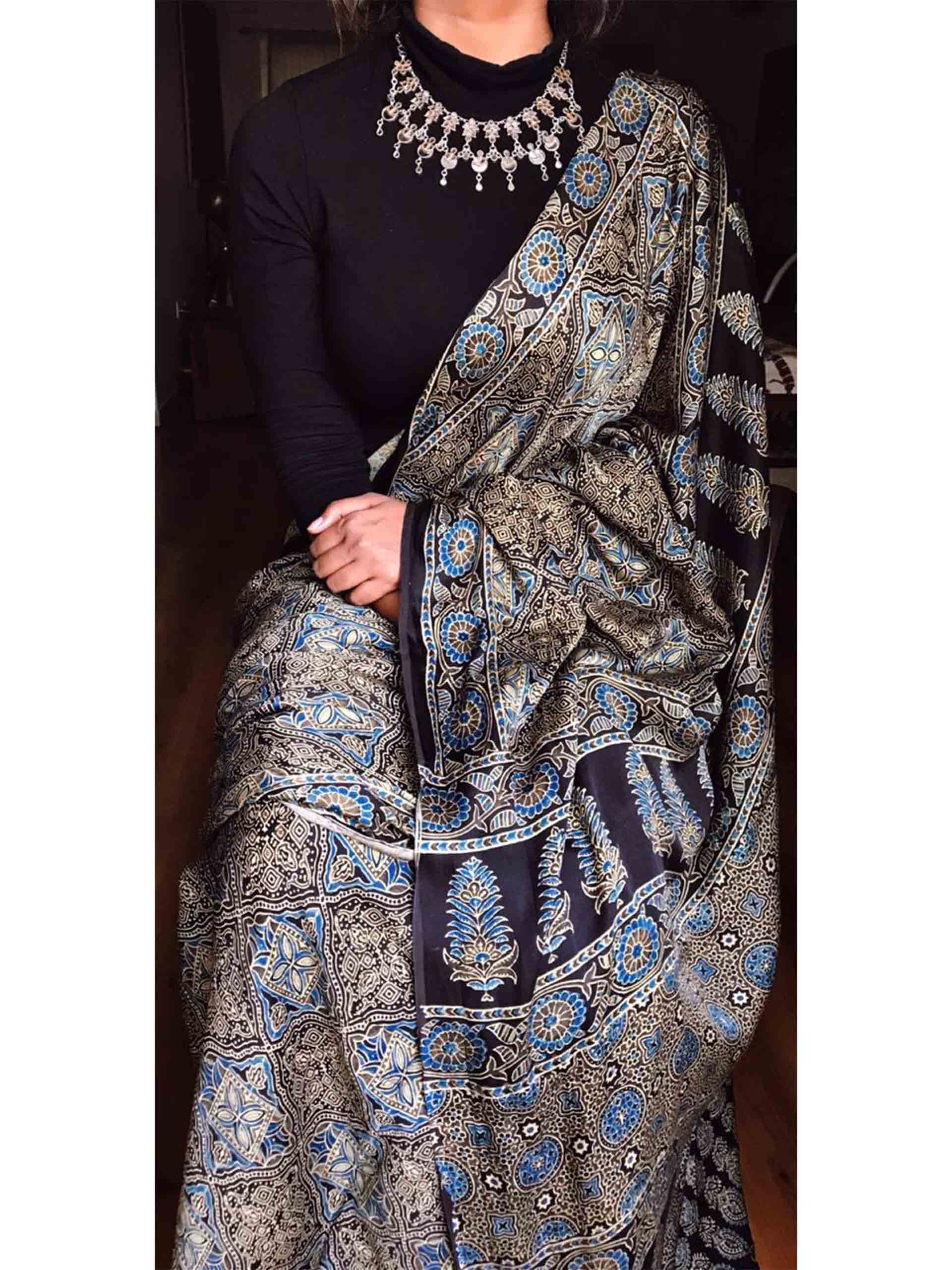 Black Ajrakh hand block printed Modal silk saree