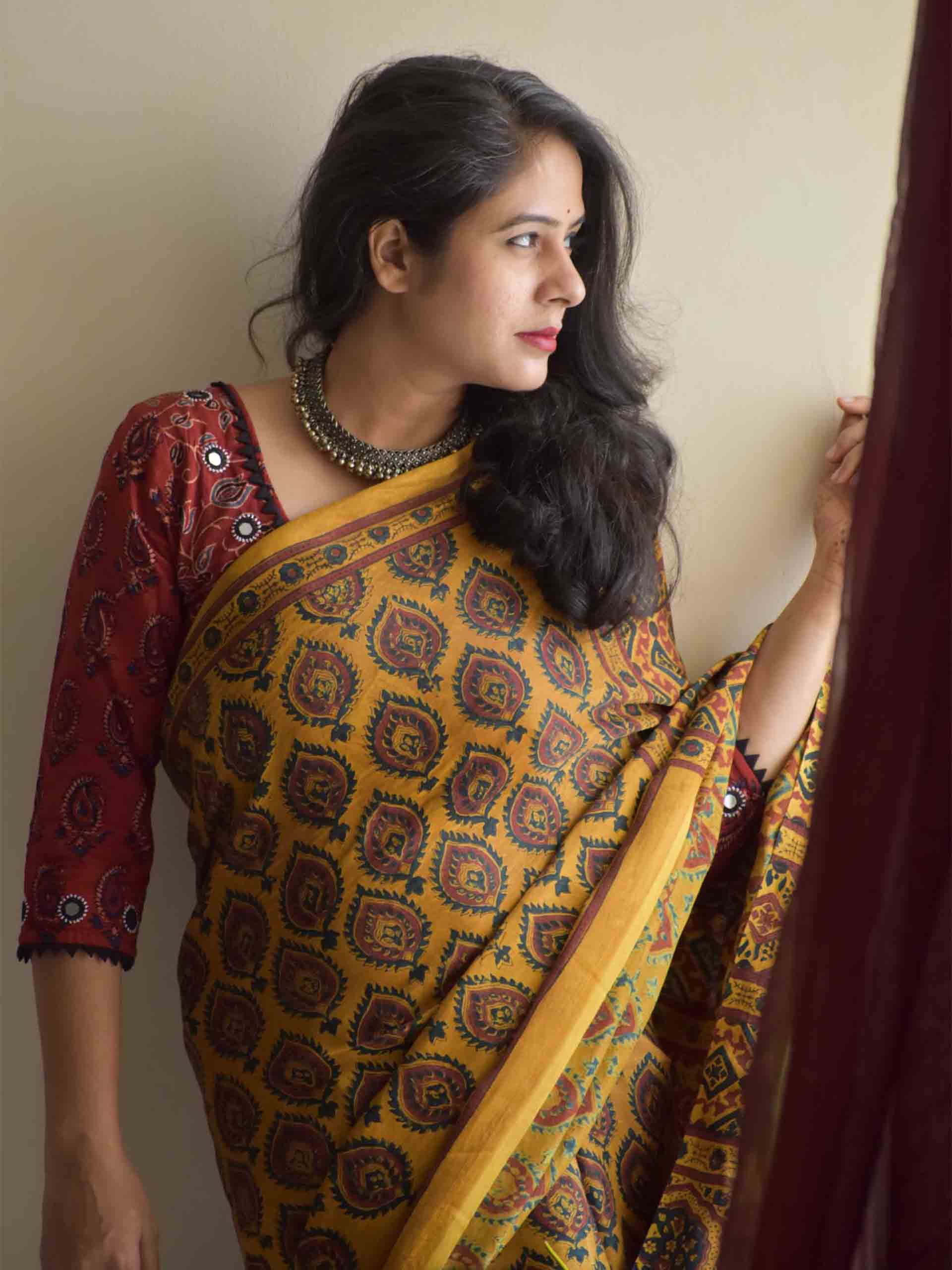 Ajrakh hand block printed modal silk saree