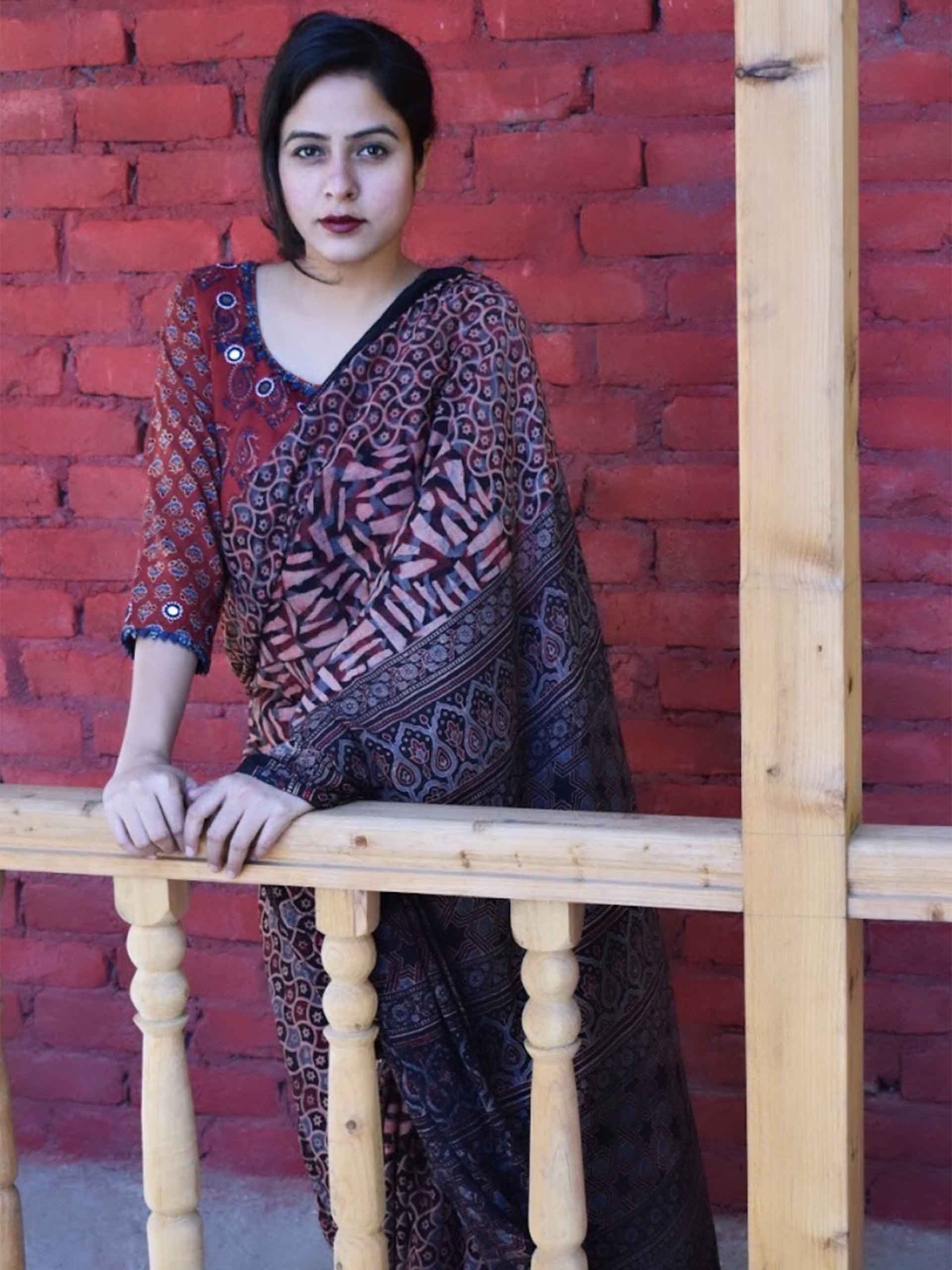 Ajrakh hand block printed mul cotton saree