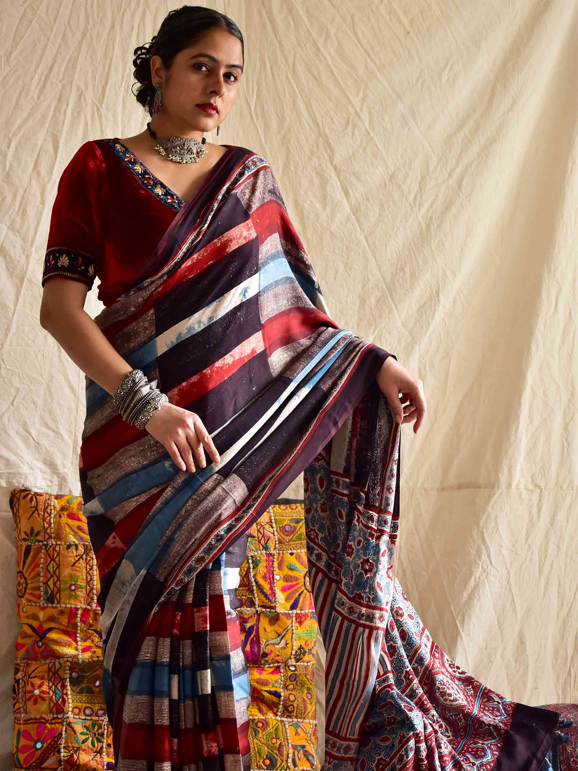 Ajrakh hand block printed Modal Silk Saree