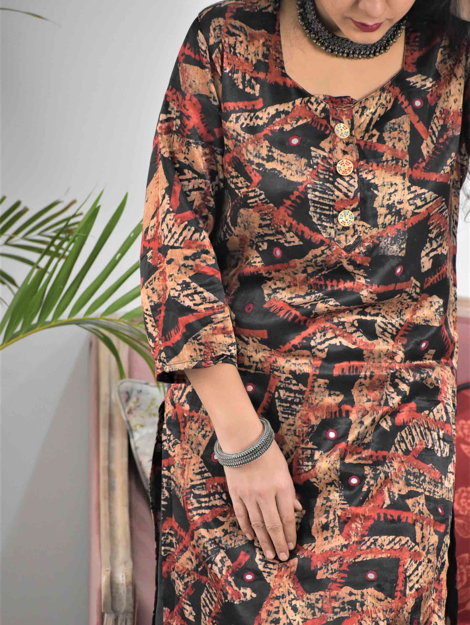 Black Abstract Ajrakh Mashru Silk Dress