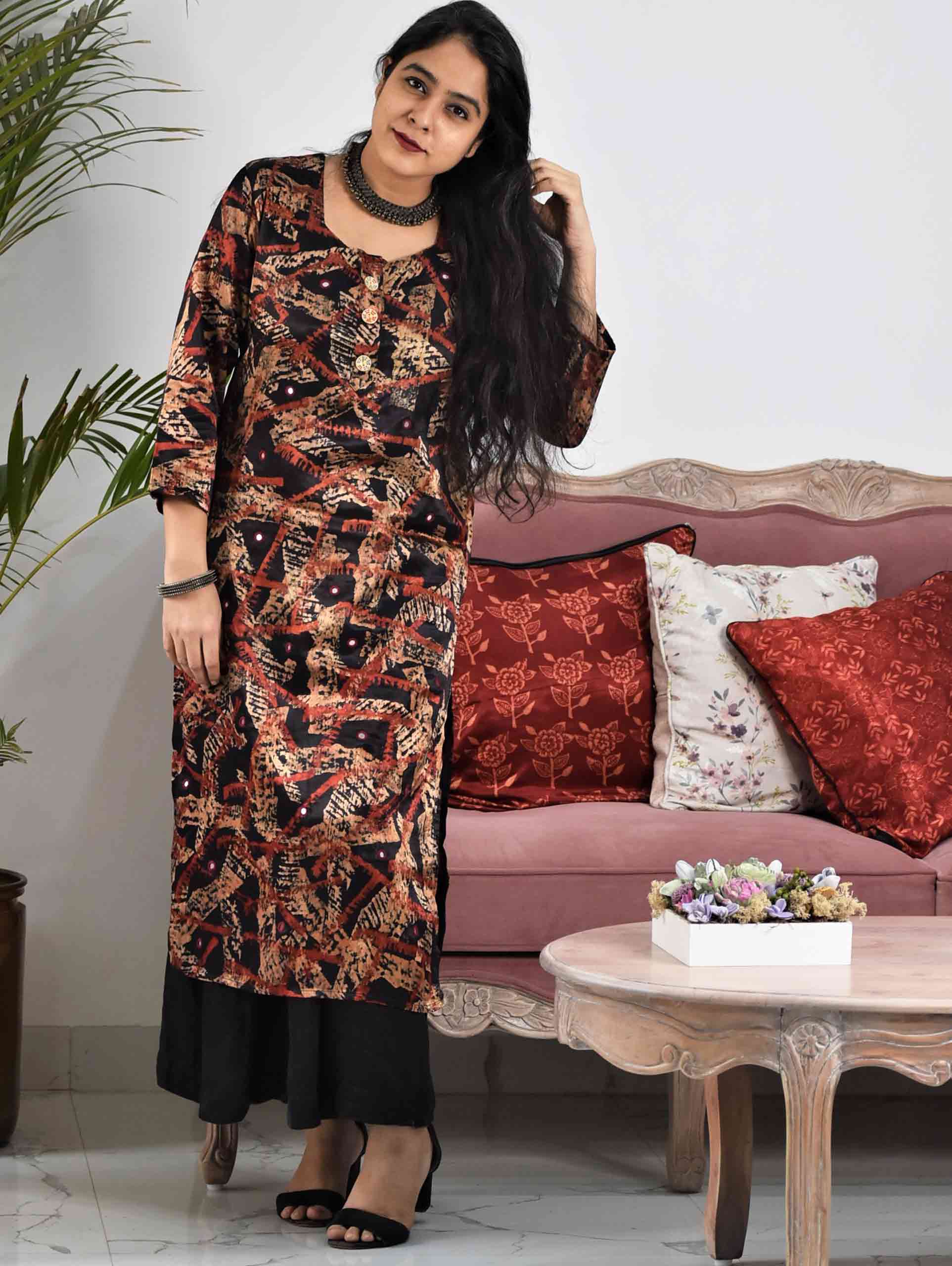 Black Abstract Ajrakh Mashru Silk Dress