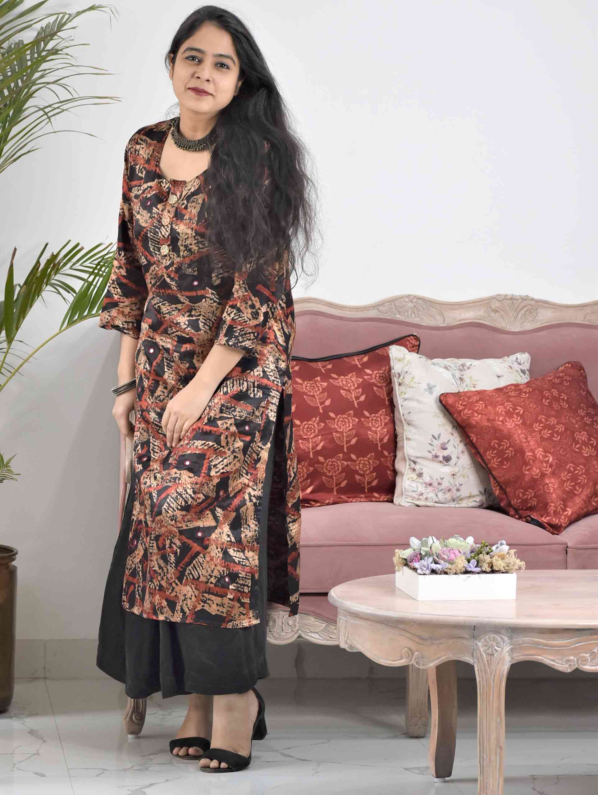 Black Abstract Ajrakh Mashru Silk Dress