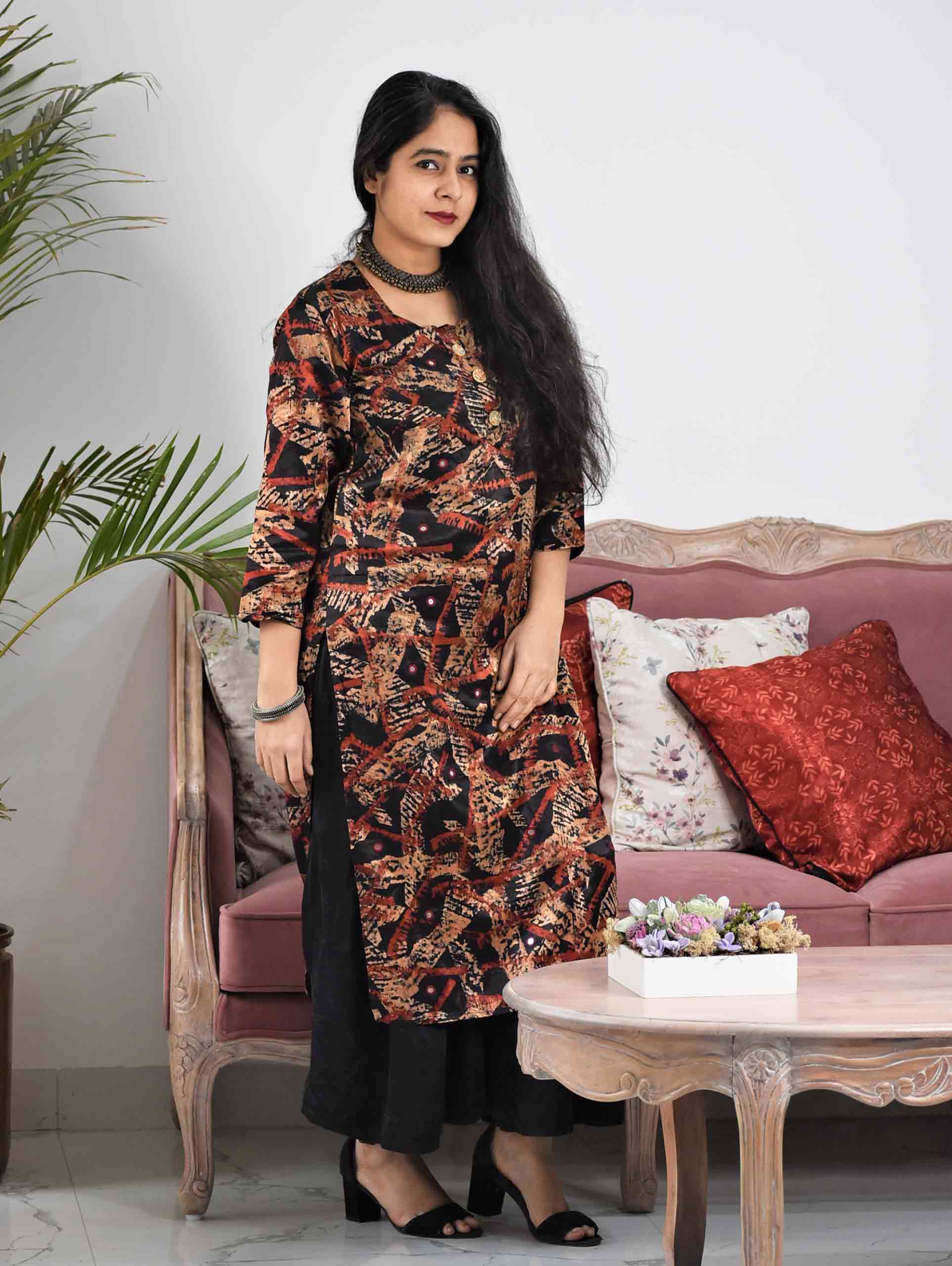 Black Abstract Ajrakh Mashru Silk Dress