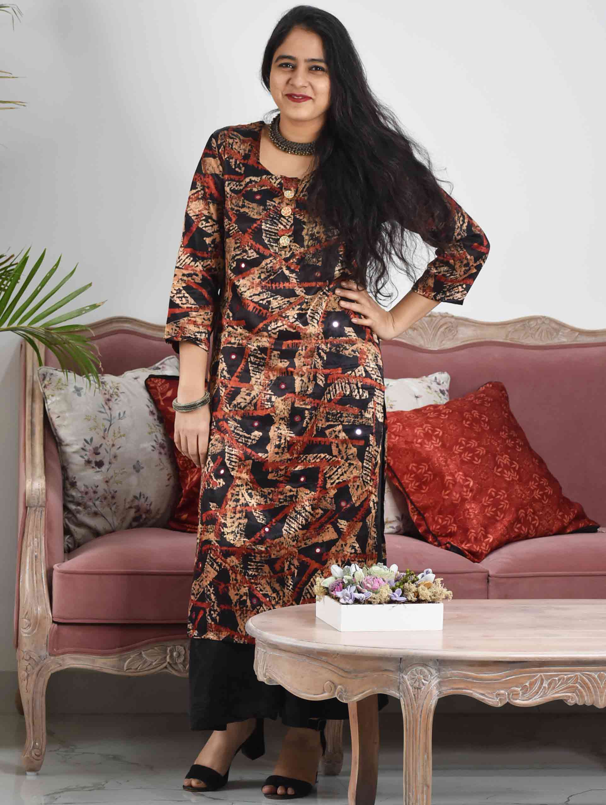 Black Abstract Ajrakh Mashru Silk Dress