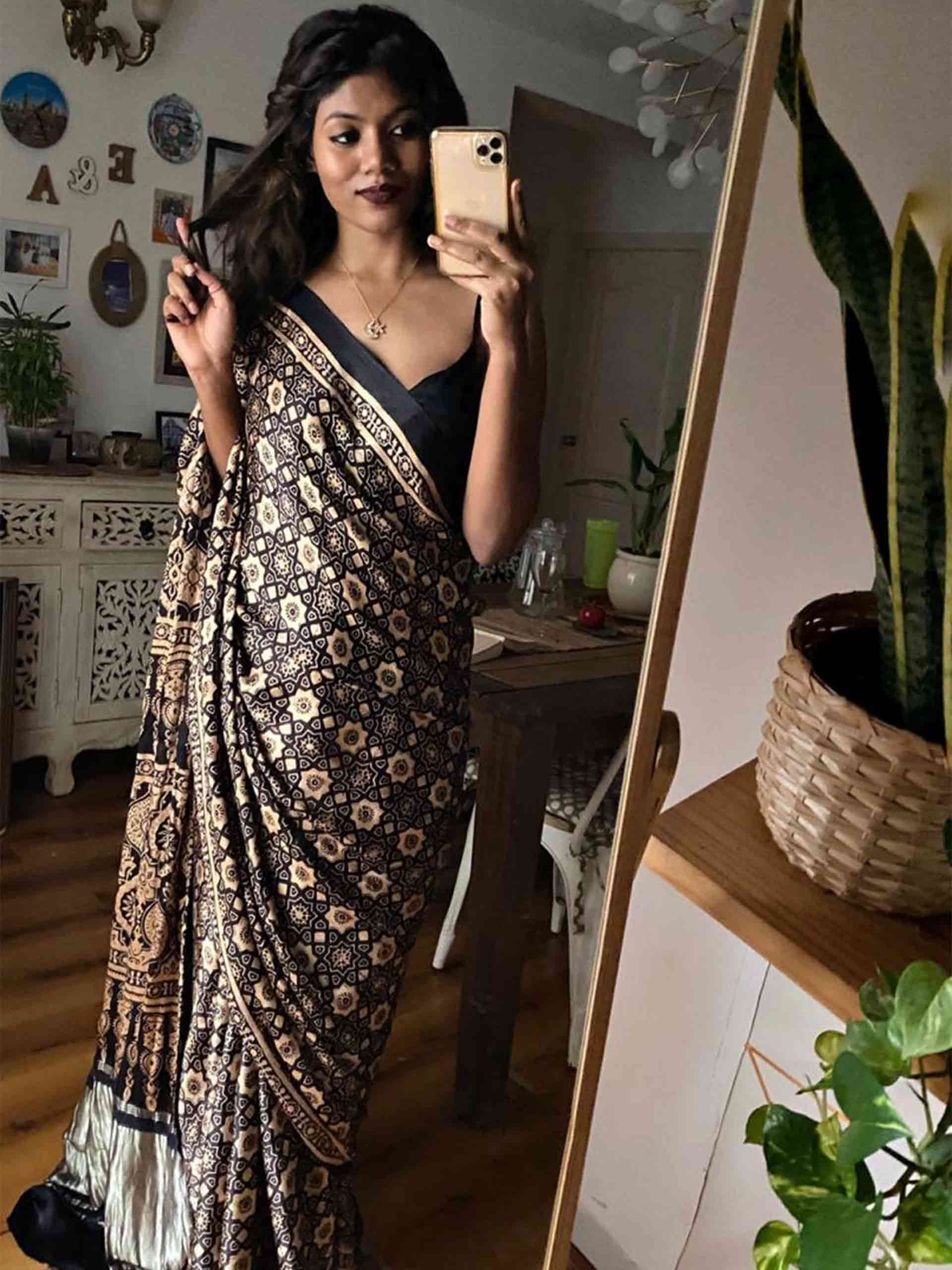 Black Eight Pointed Star Ajrakh Modal Silk Saree